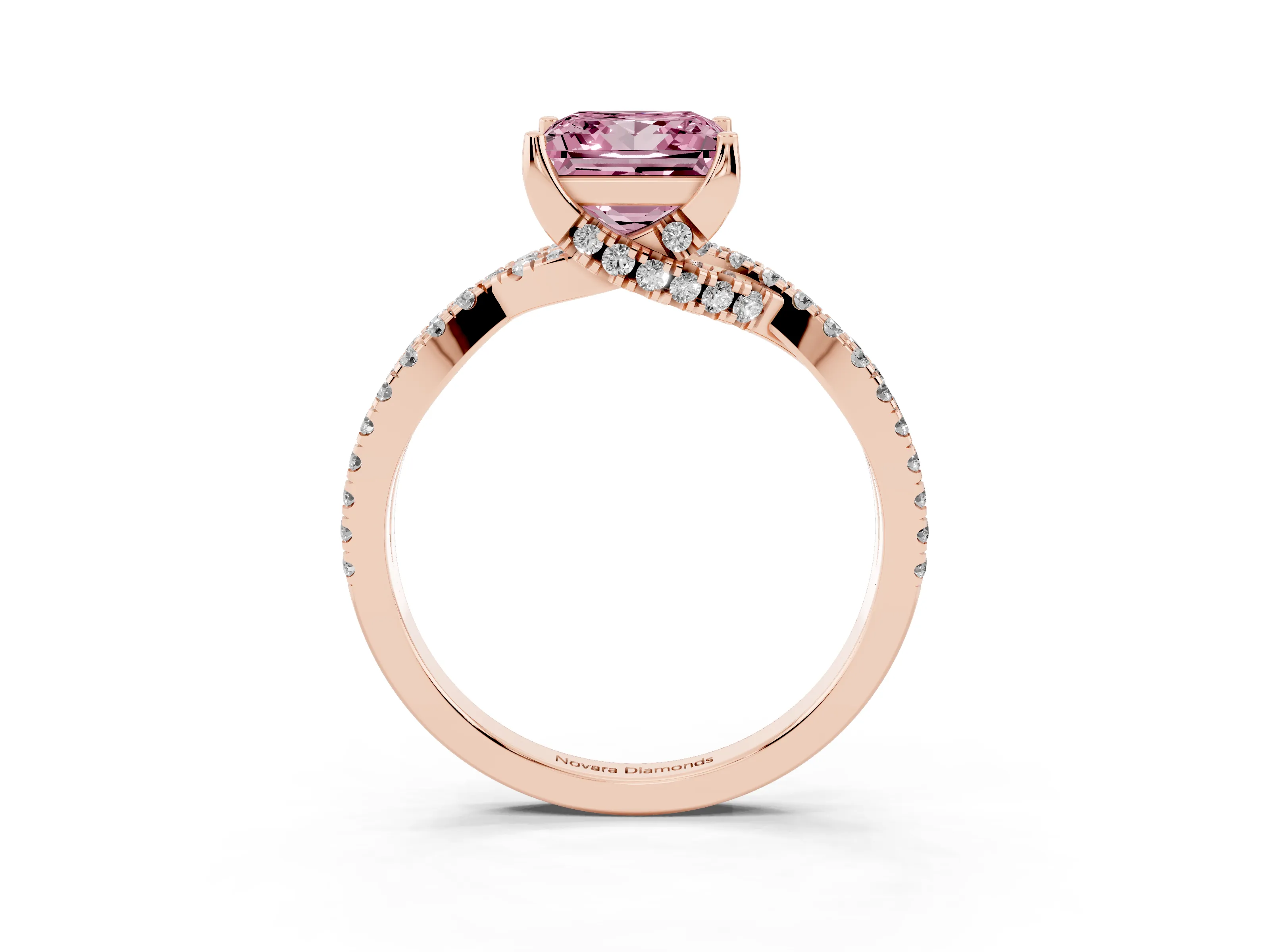 Fancy Pink Princess Cut Diamond Twist Pavé Solitaire Engagement Ring Set in Rose gold with Prong Setting