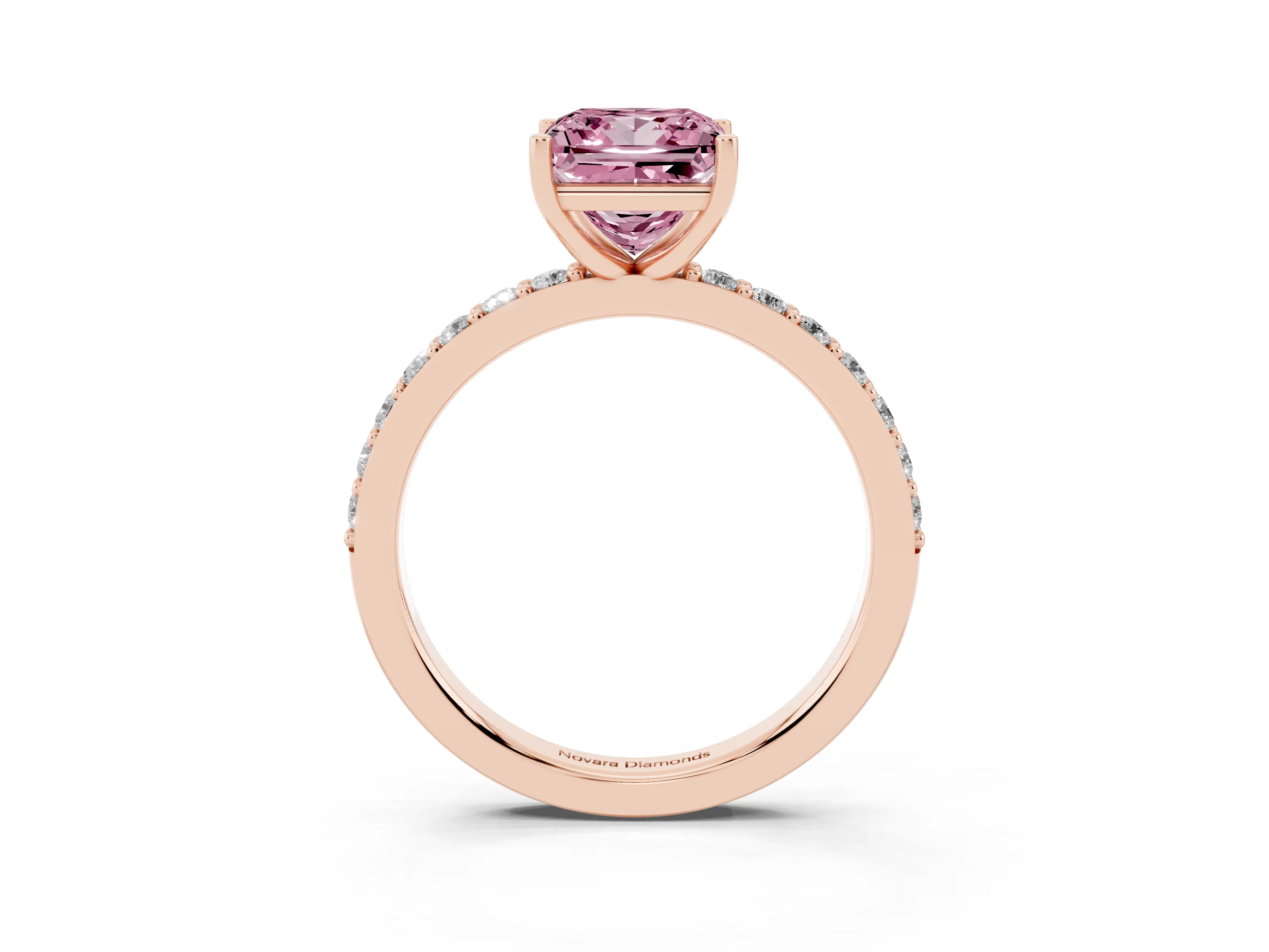 Fancy Pink Princess Cut Diamond Solitaire Set in Rose gold with Round Pavé Band and Prong Setting