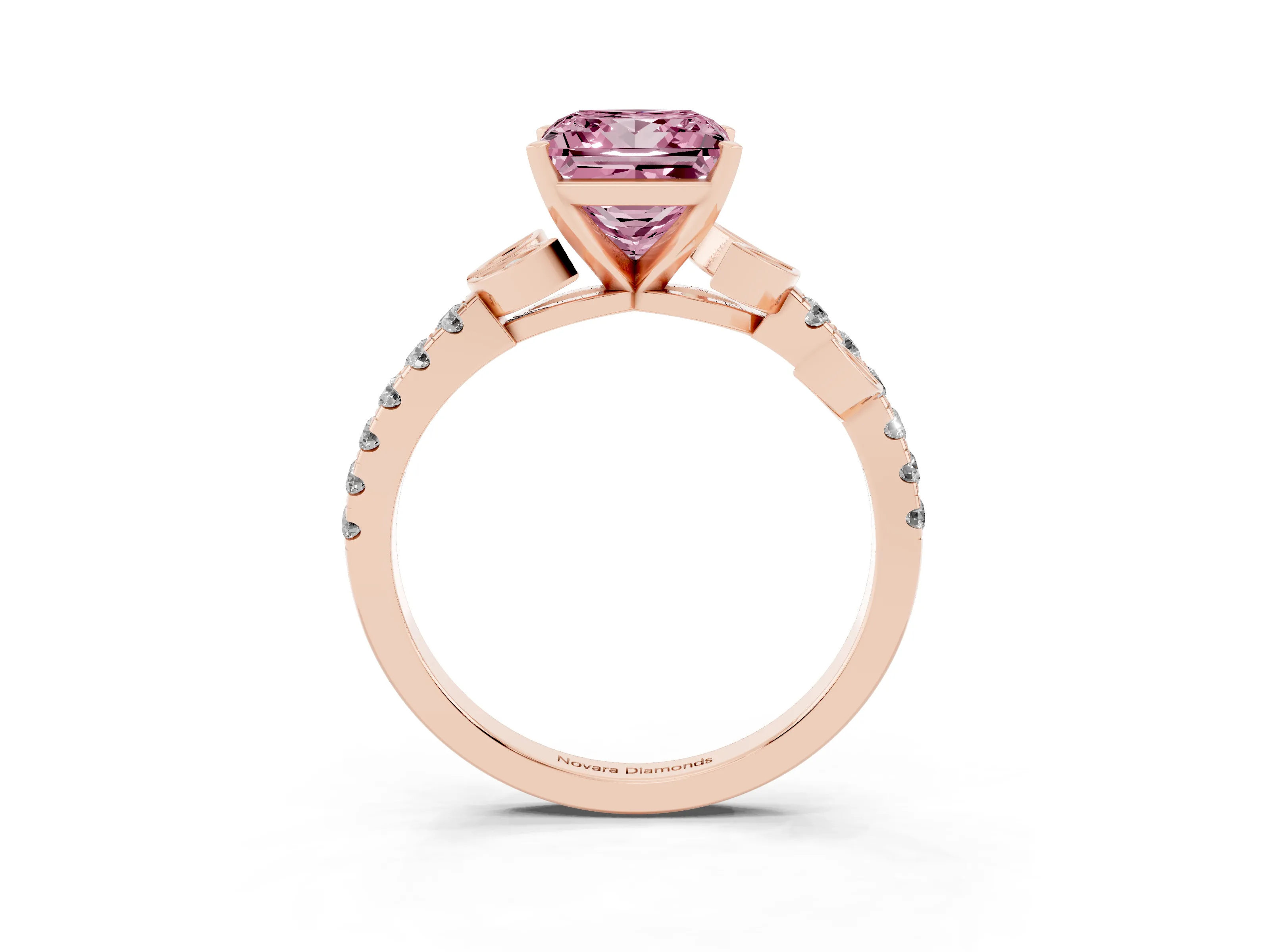Fancy Pink Princess Cut Diamond Solitaire Leaf-Inspired Ring Set in Rose gold with Pavé Band and Prong Setting
