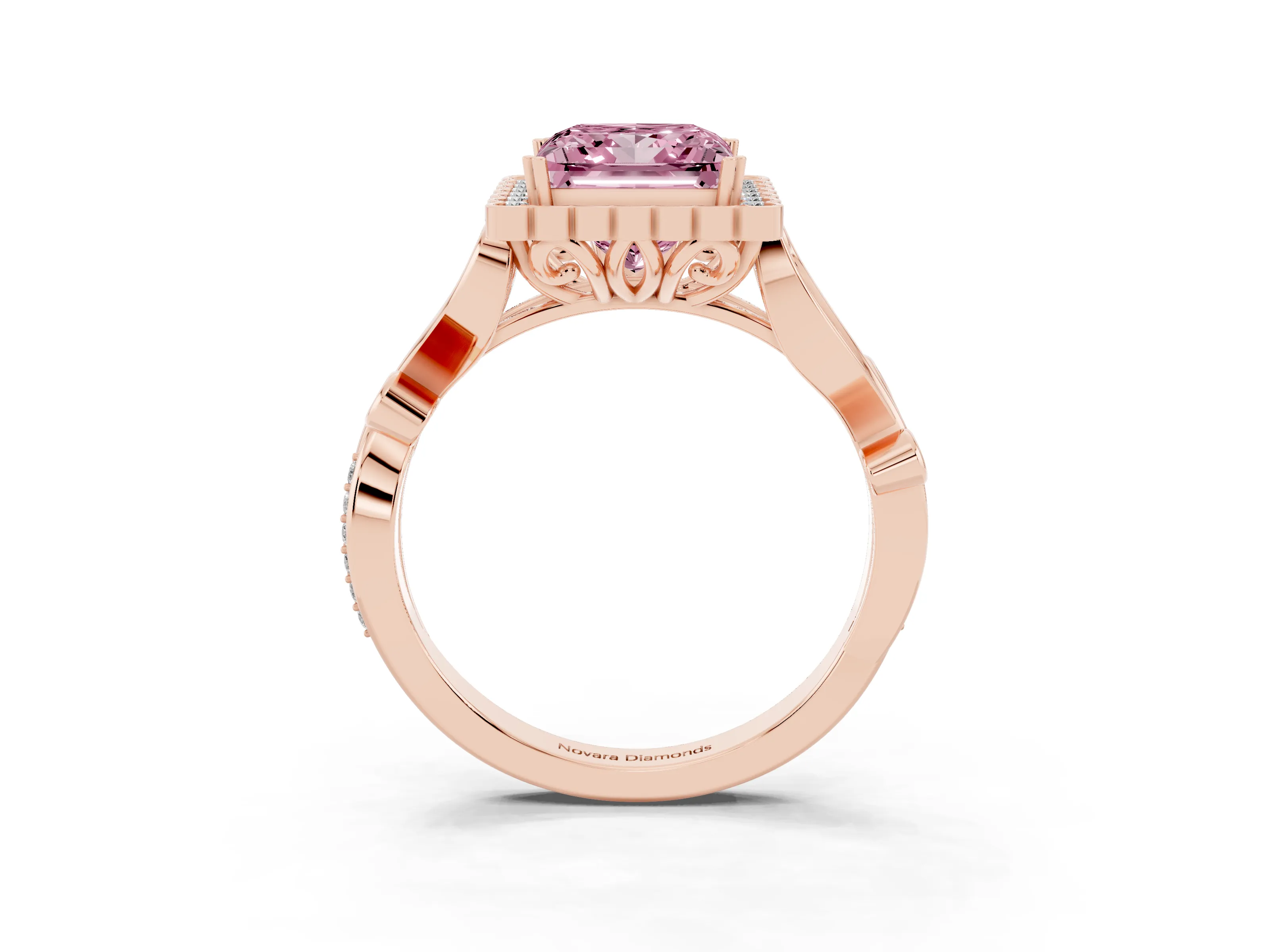 Fancy Pink Princess Cut Diamond Halo Ring Set in Rose gold with Leaf Motif Split Shank and Prong Setting