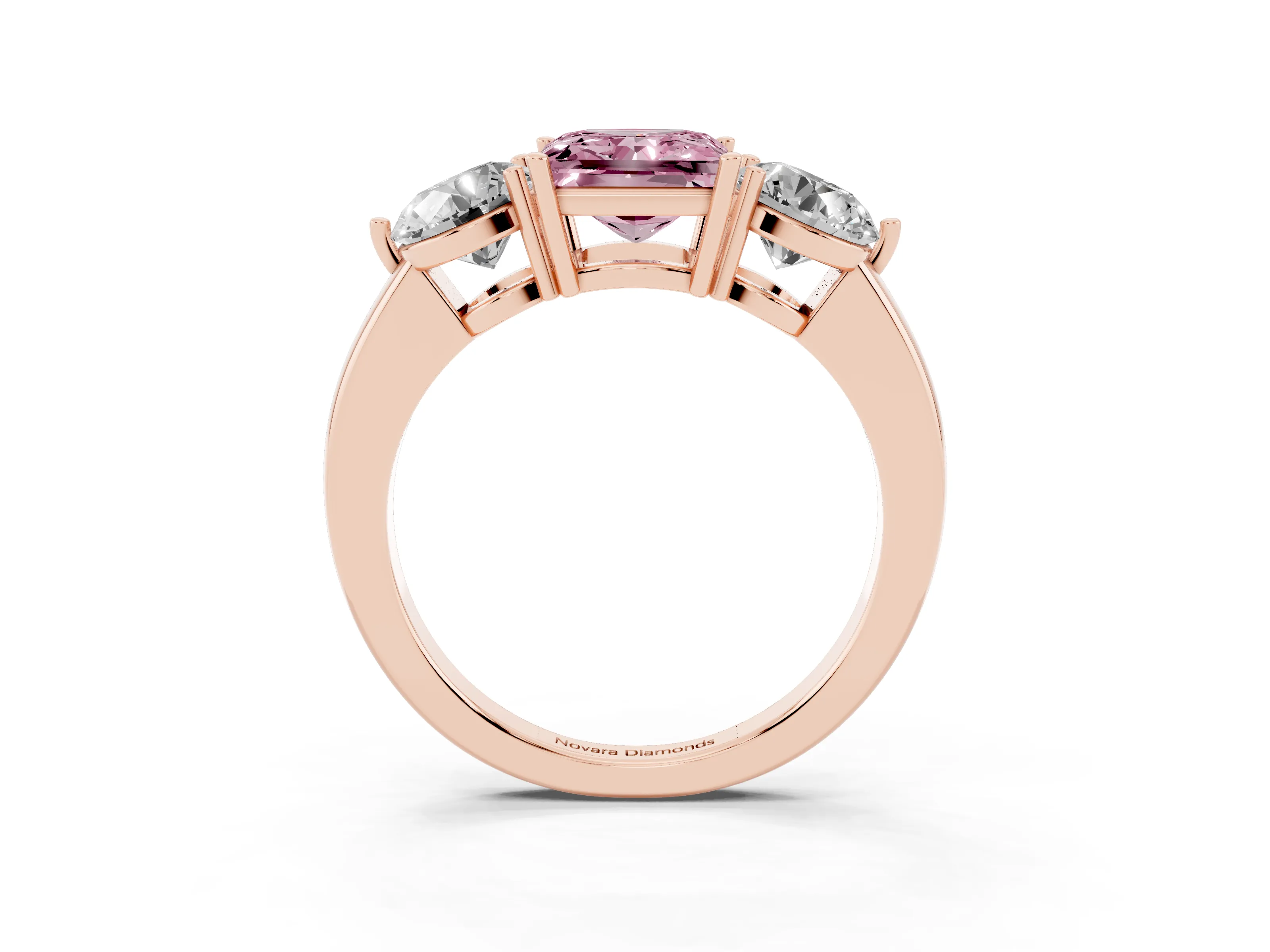 Fancy Pink Princess Cut Diamond Three-Stone Ring Set in Rose gold with Prong Setting and Plain Band