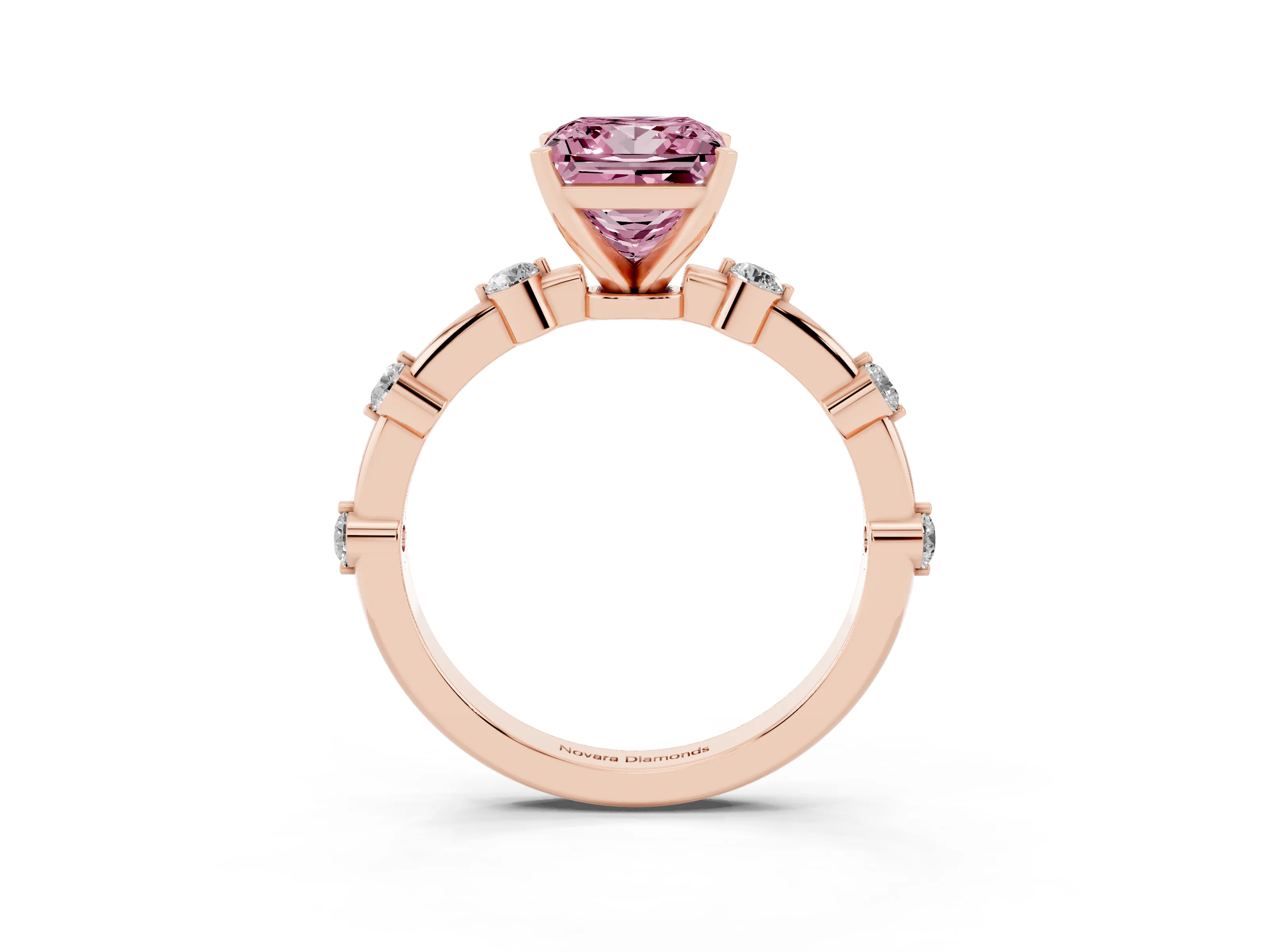 Fancy Pink Princess Cut Diamond Solitaire Ring Set in Rose gold with Bezel Set Side Stones and Prong Setting