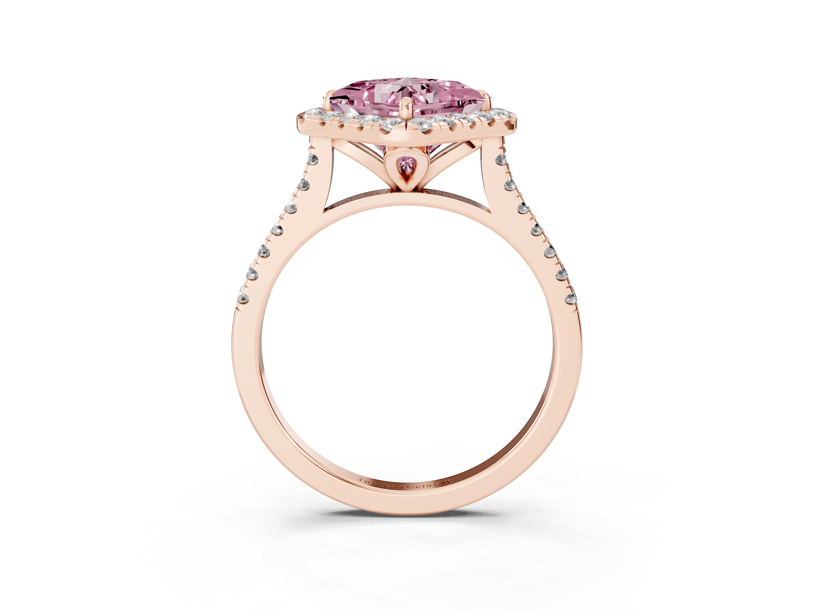 Fancy Pink Princess Cut Diamond Cushion Halo Ring Set in Rose gold with Pavé Band