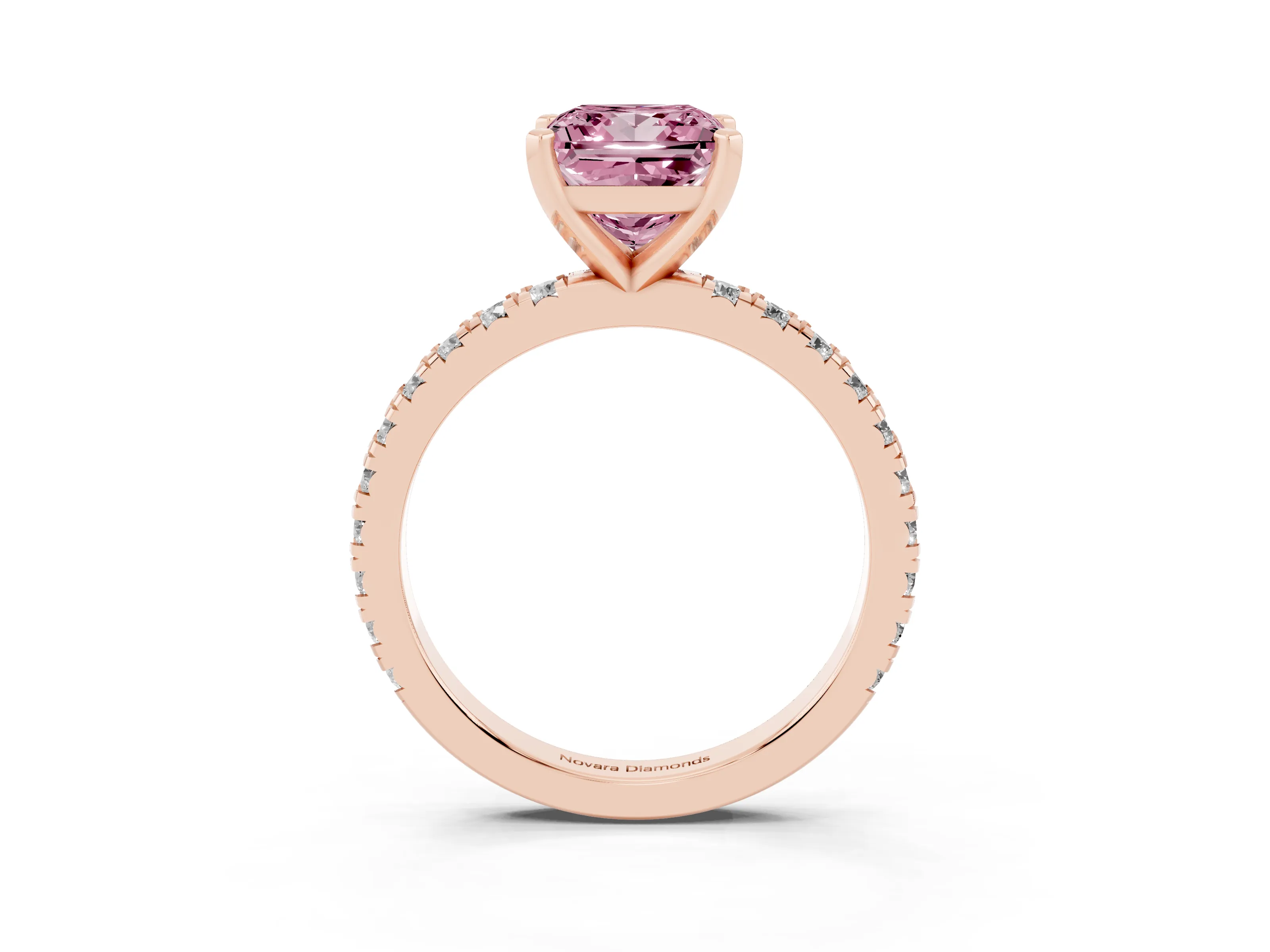 Fancy Pink Princess Cut Diamond Pavé Band Solitaire Set in Rose gold with Prong Setting