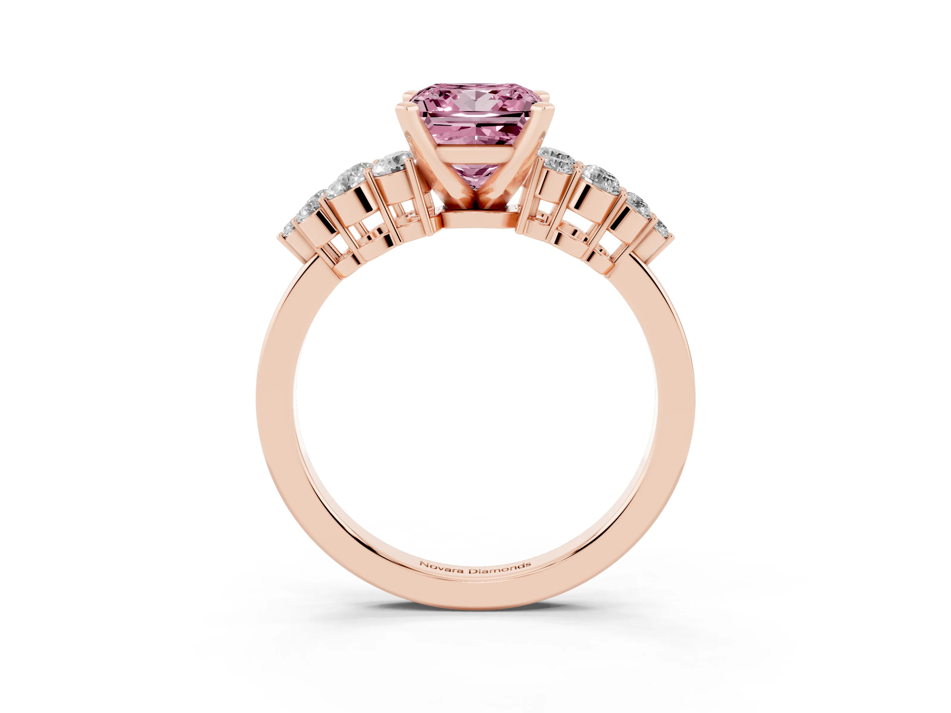 Fancy Pink Princess Cut Diamond Cluster Engagement Ring Set in Rose gold with Pavé Band and Prong Setting