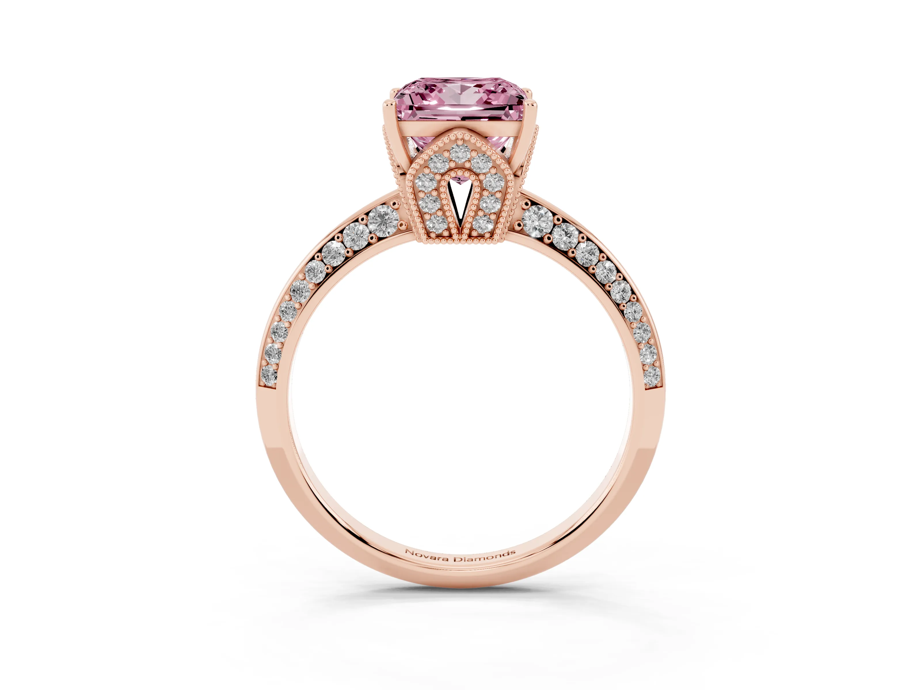 Fancy Pink Princess Cut Diamond Solitaire Engagement Ring Set in Rose gold with Pavé Split Shank and Prong Setting