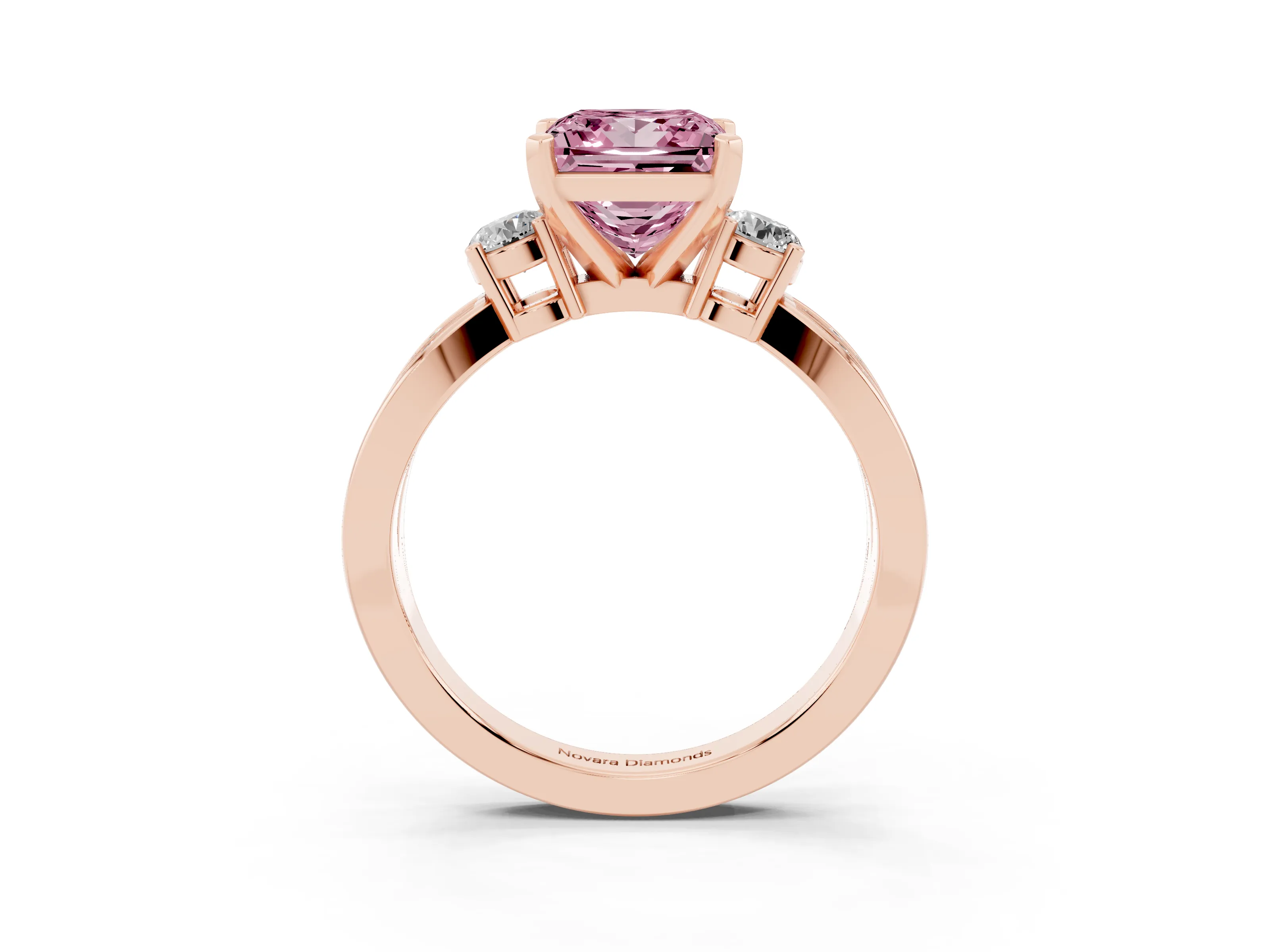 Fancy Pink Three-Stone Princess Cut Diamond Twist Band Ring Set in Rose gold with Pavé Accents and Prong Setting