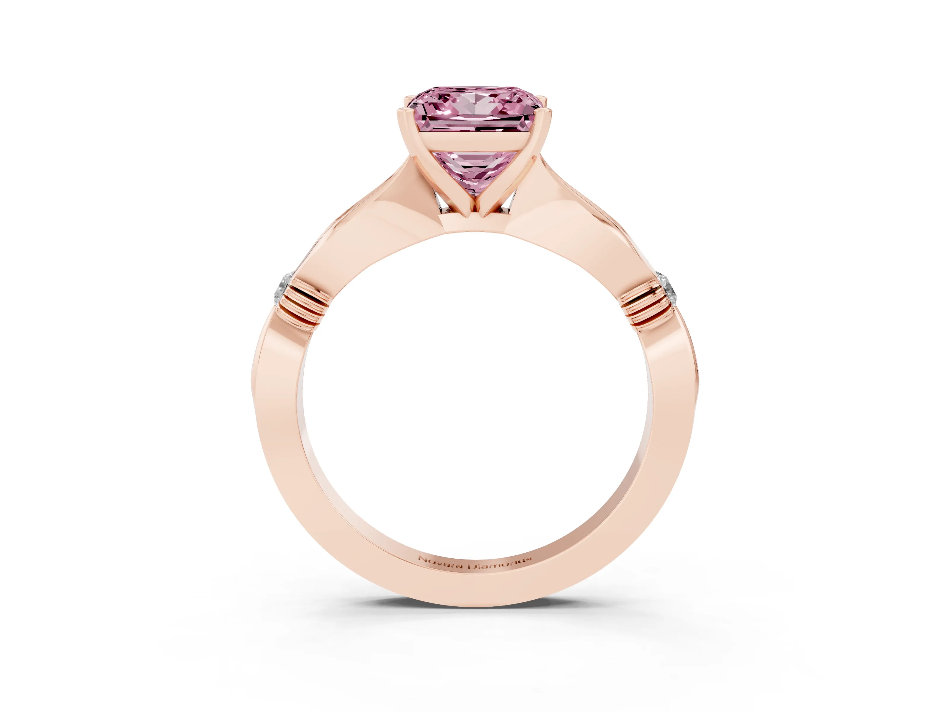 Fancy Pink Princess Cut Diamond Solitaire Twisted Band Ring Set in Rose gold with Accent Stones and Prong Setting