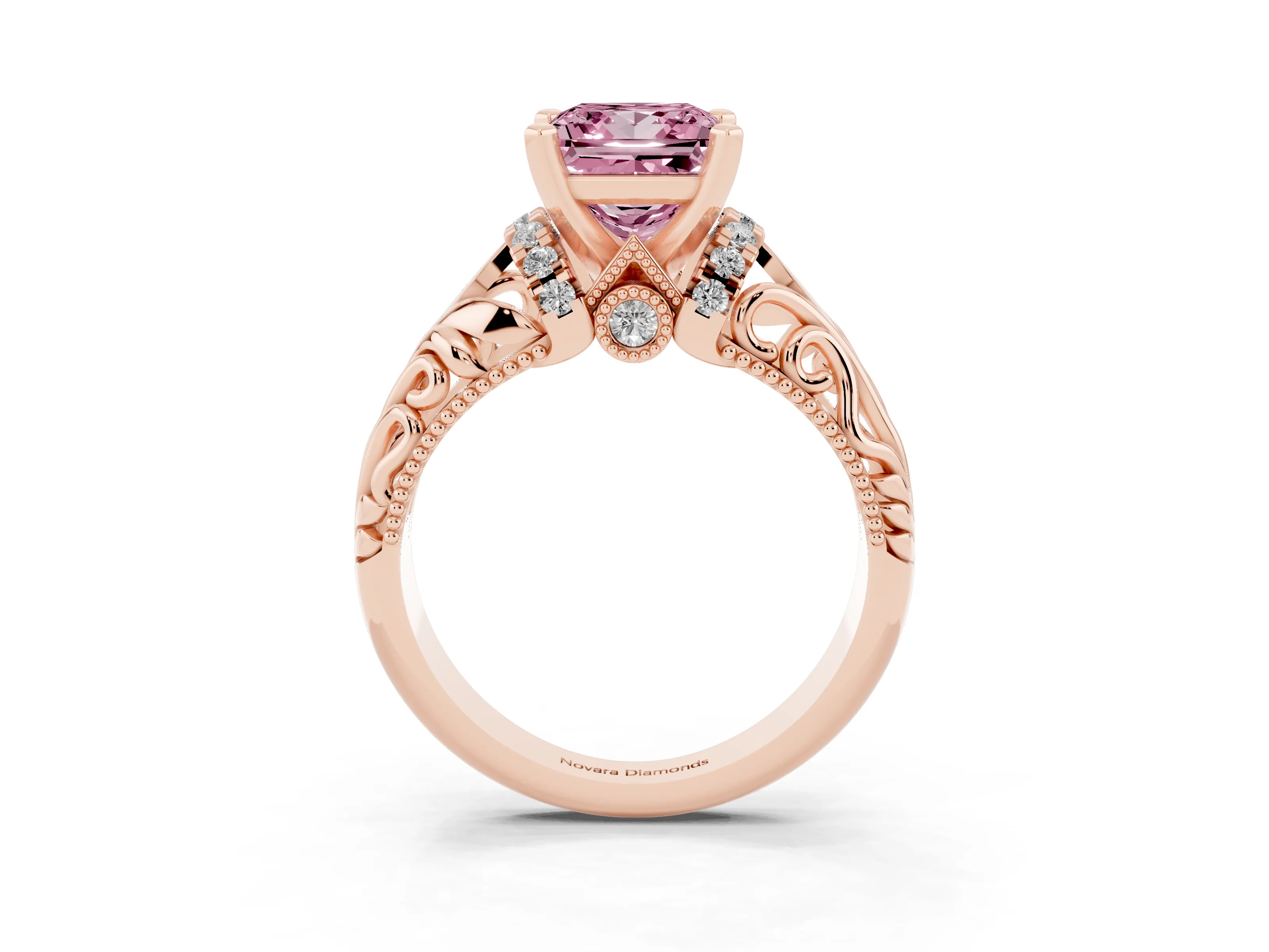 Fancy Pink Princess Cut Diamond Filigree Halo Engagement Ring Set in Rose gold with Prong Setting