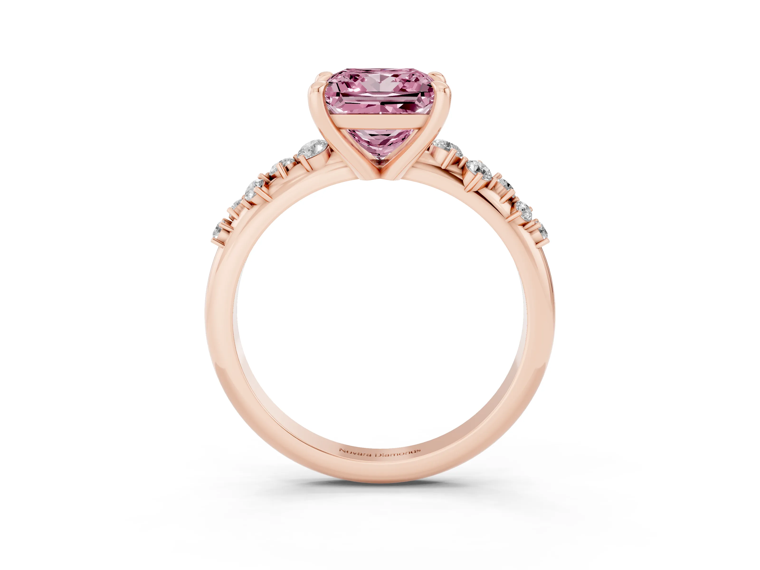 Fancy Pink Princess Cut Diamond Solitaire Vine Band Ring Set in Rose gold with Round Accents and Prong Setting