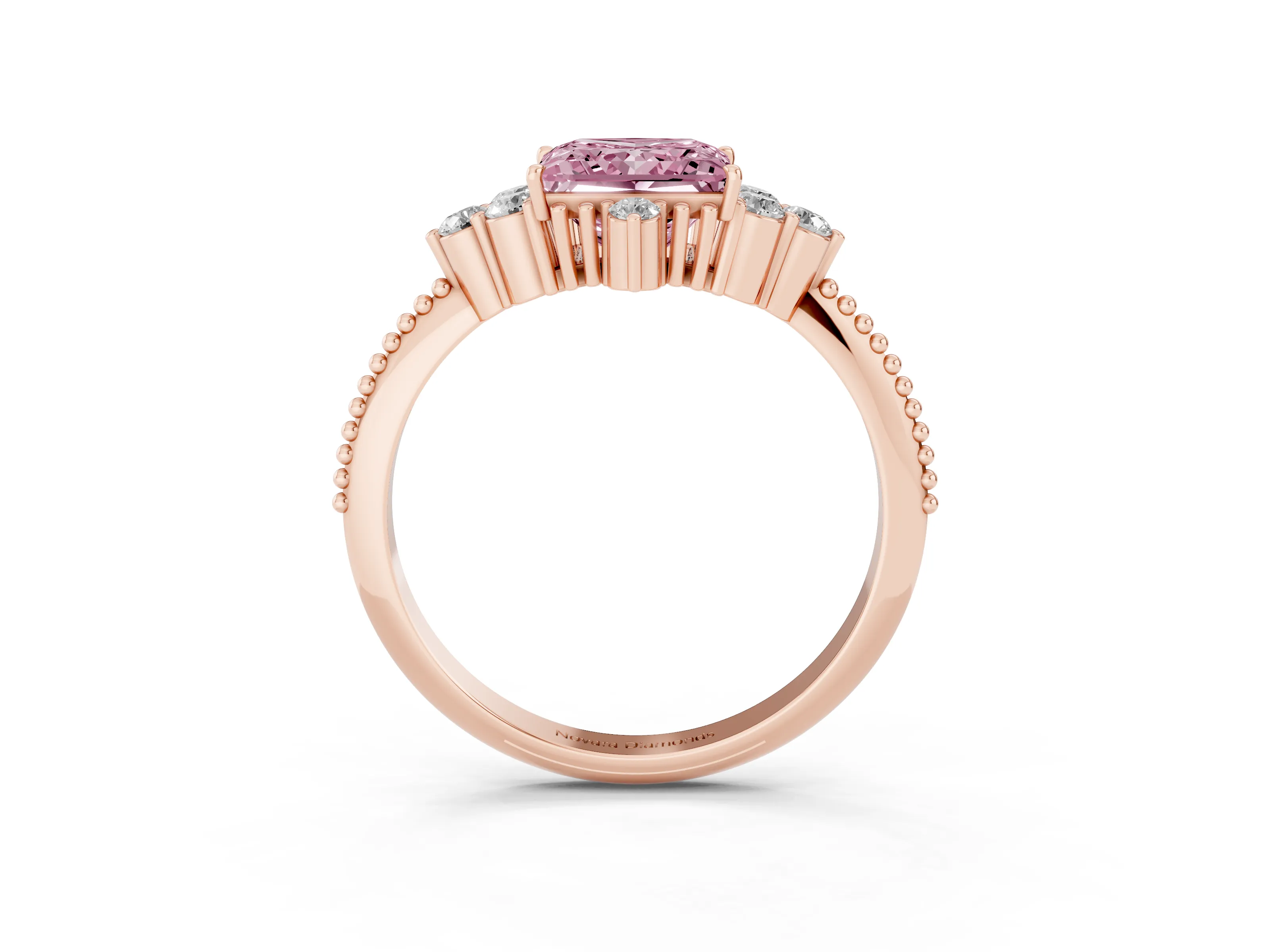 Fancy Pink Princess Cut Diamond Cluster Ring Set in Rose gold with Beaded Band