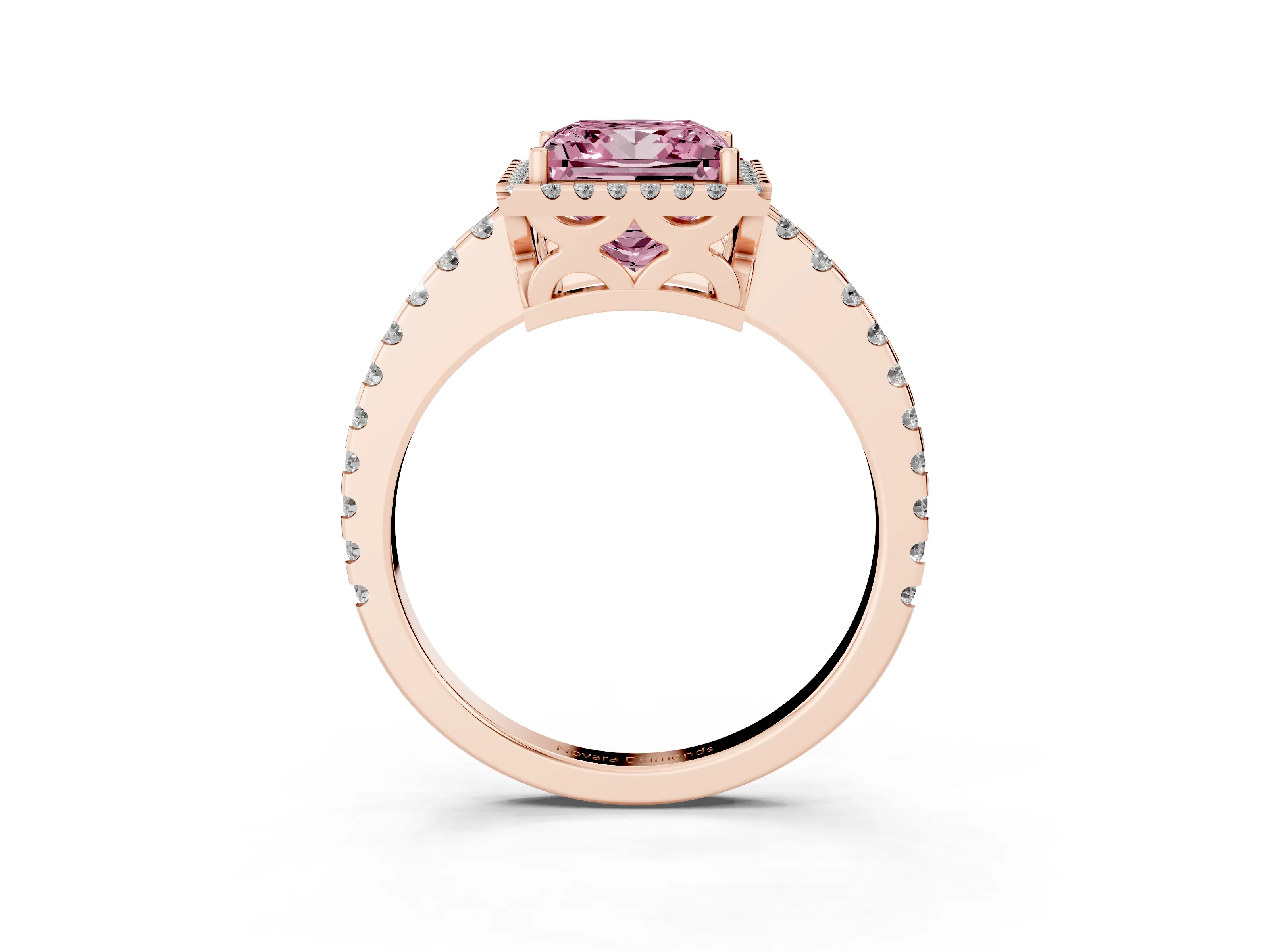 Fancy Pink Princess Cut Diamond Halo Ring Set in Rose gold with Pavé Shoulders and Halo-Framed Center
