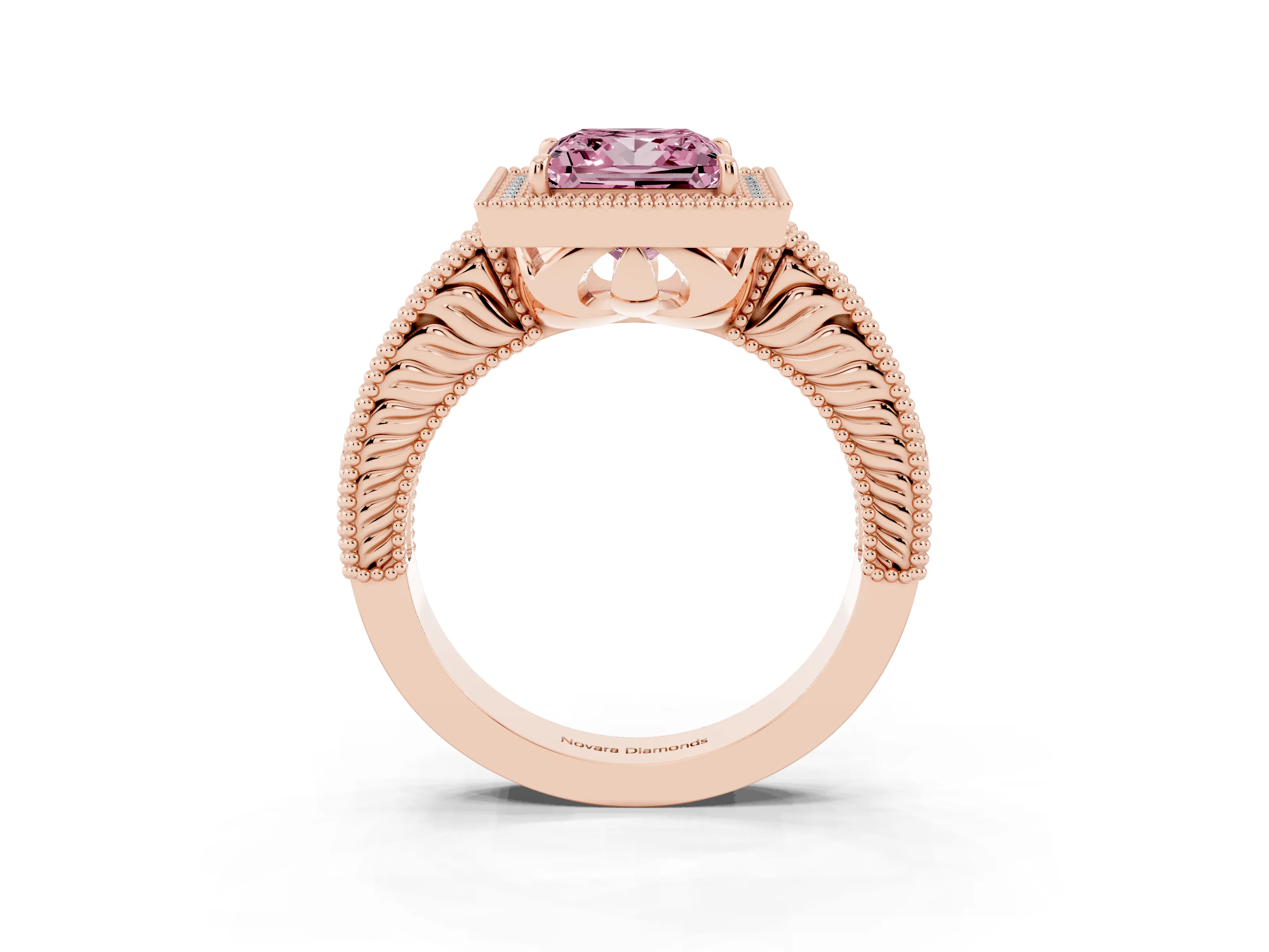 Fancy Pink Princess Cut Diamond Halo Ring Set in Rose gold with Round Accent Halo, Pavé Band and Prong Setting