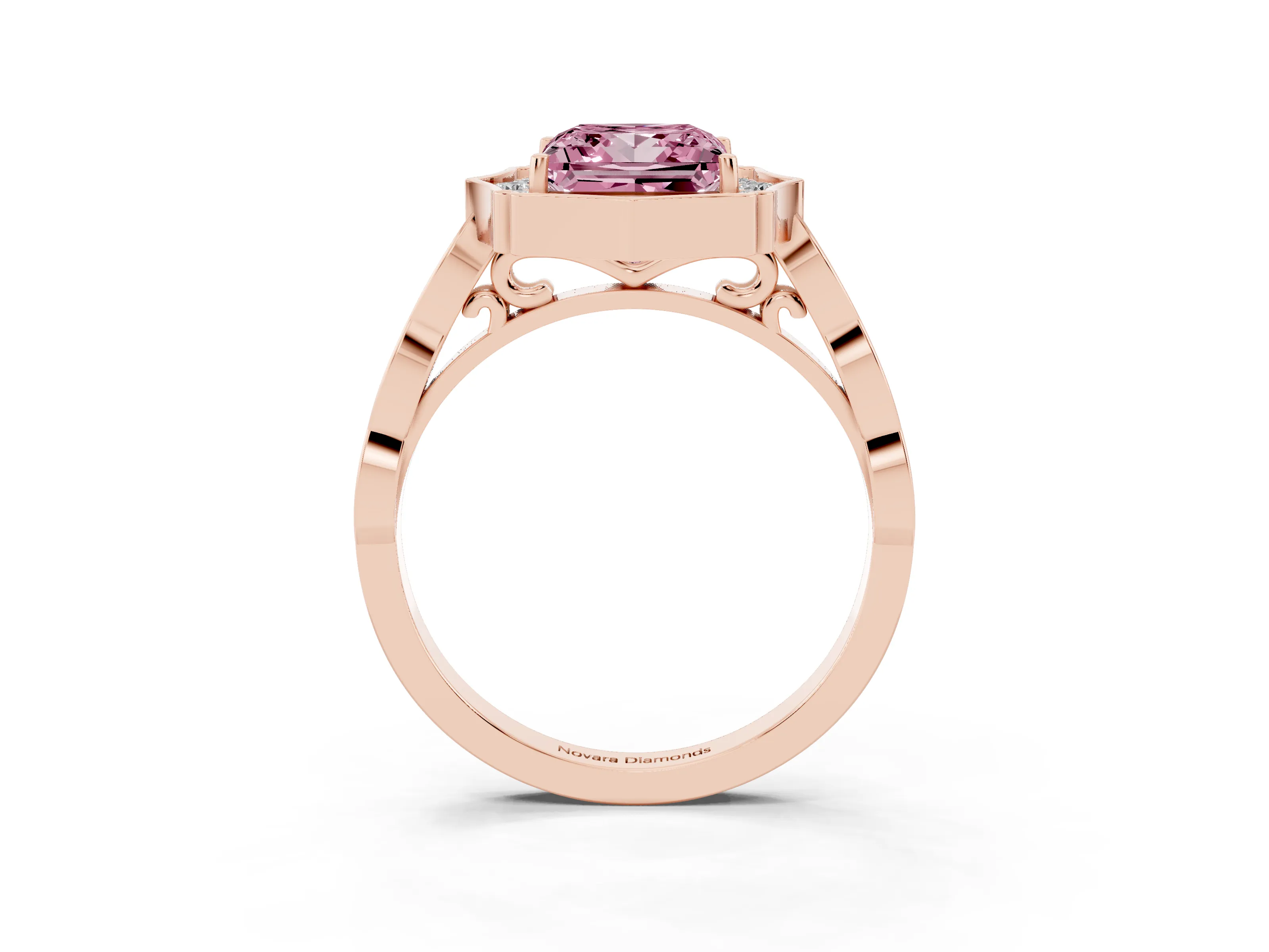 Fancy Pink Princess Cut Diamond Halo Engagement Ring Set in Rose gold with Milgrain Band and Prong Setting