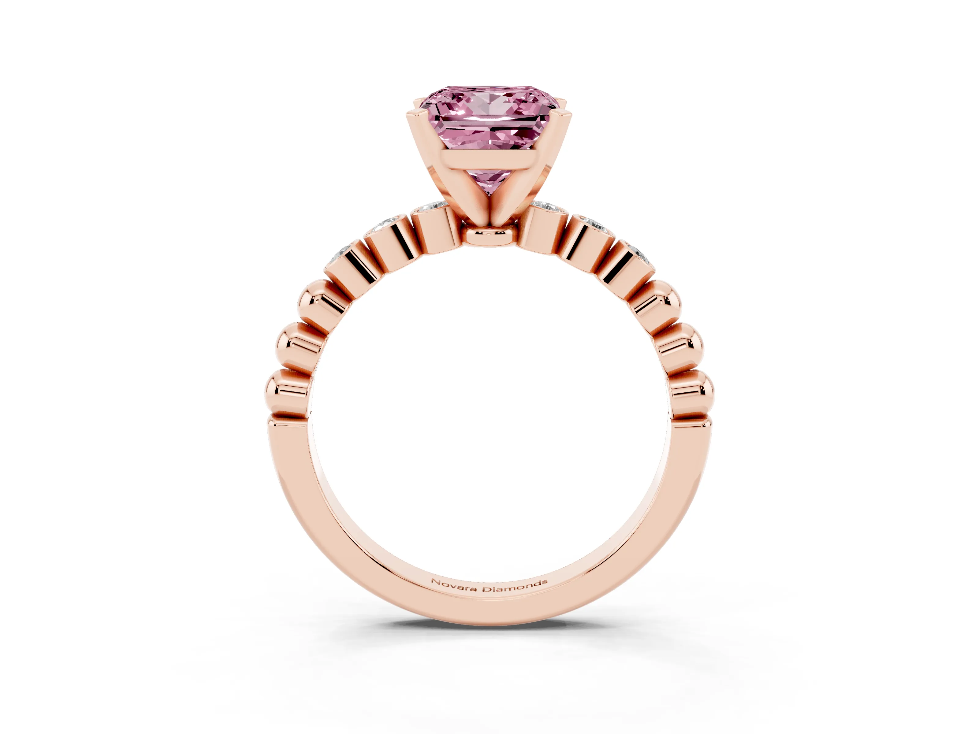 Fancy Pink Princess Cut Diamond Solitaire Engagement Ring Set in Rose gold with Bezel Accents on Beaded Band