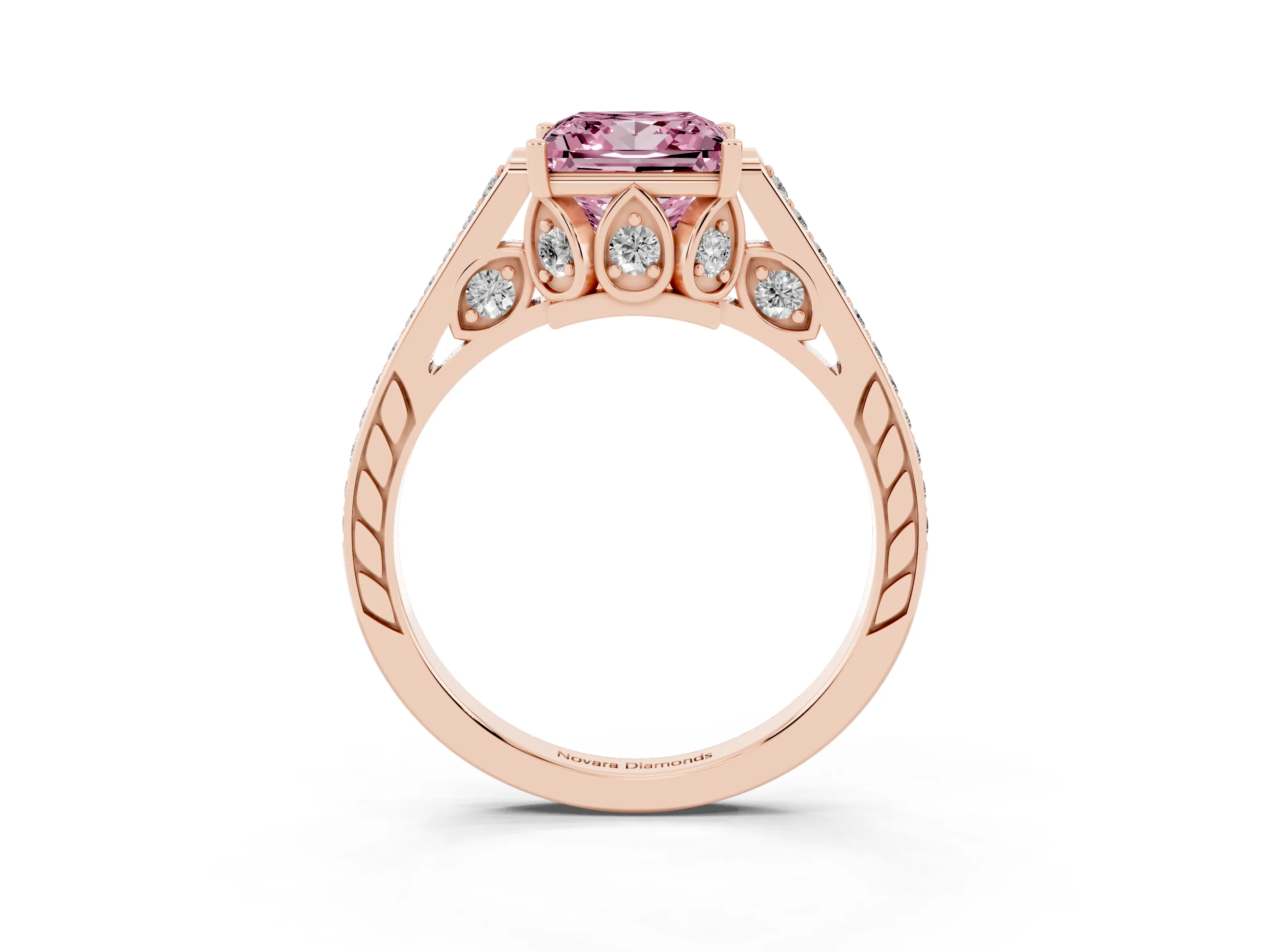 Fancy Pink Princess Cut Diamond Cathedral Pavé Engagement Ring Set in Rose gold with Prong Setting