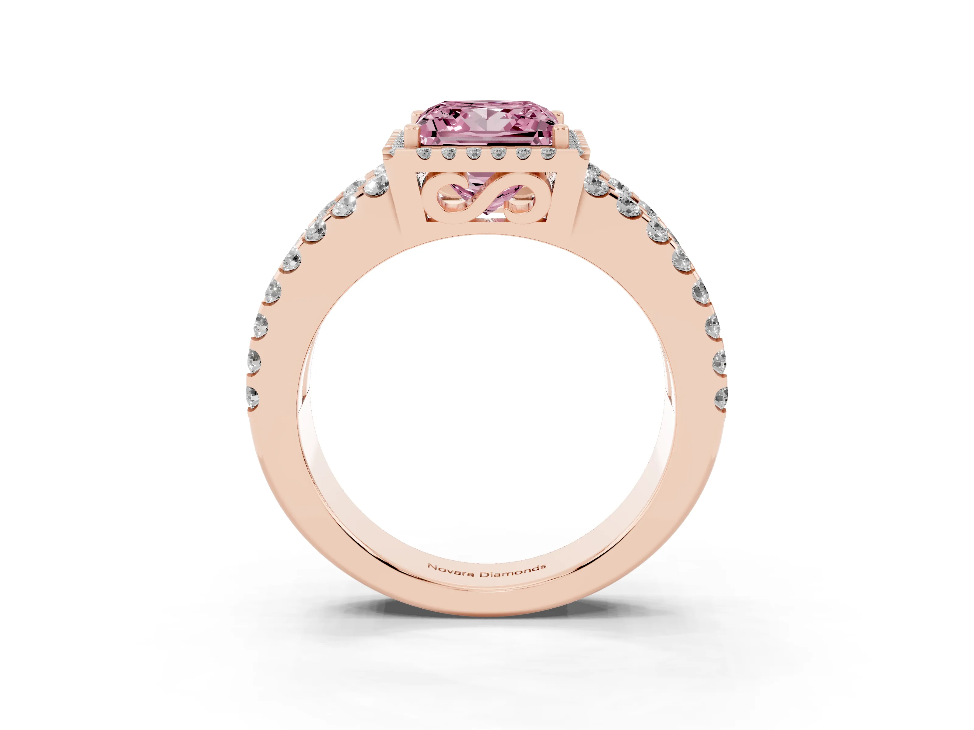 Fancy Pink Princess Cut Diamond Halo Ring Set in Rose gold with Pavé Split Shank and Prong Setting