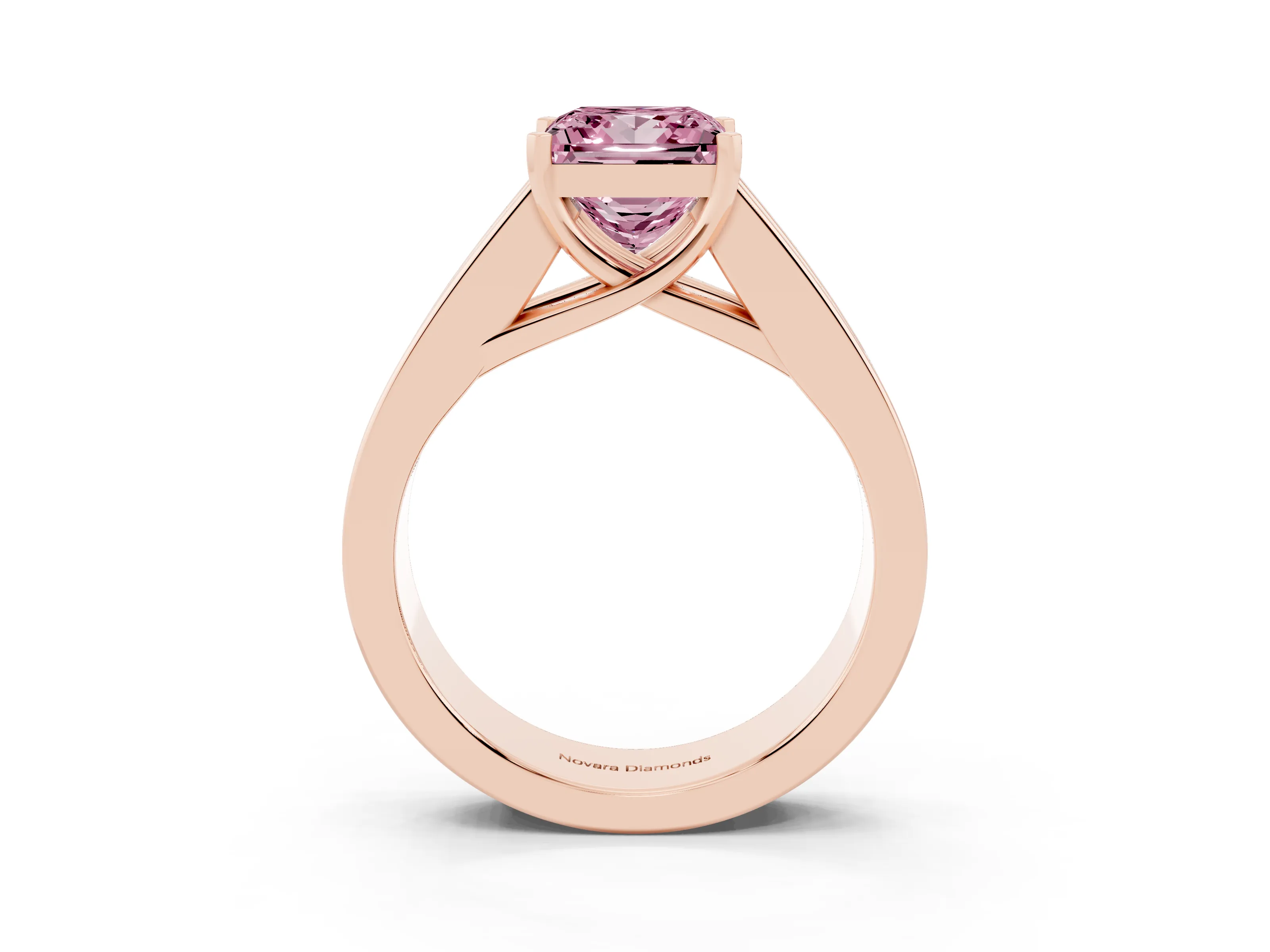 Fancy Pink Princess Cut Diamond Solitaire Ring Set in Rose gold with Channel-Set Accent Stones and Prong Setting