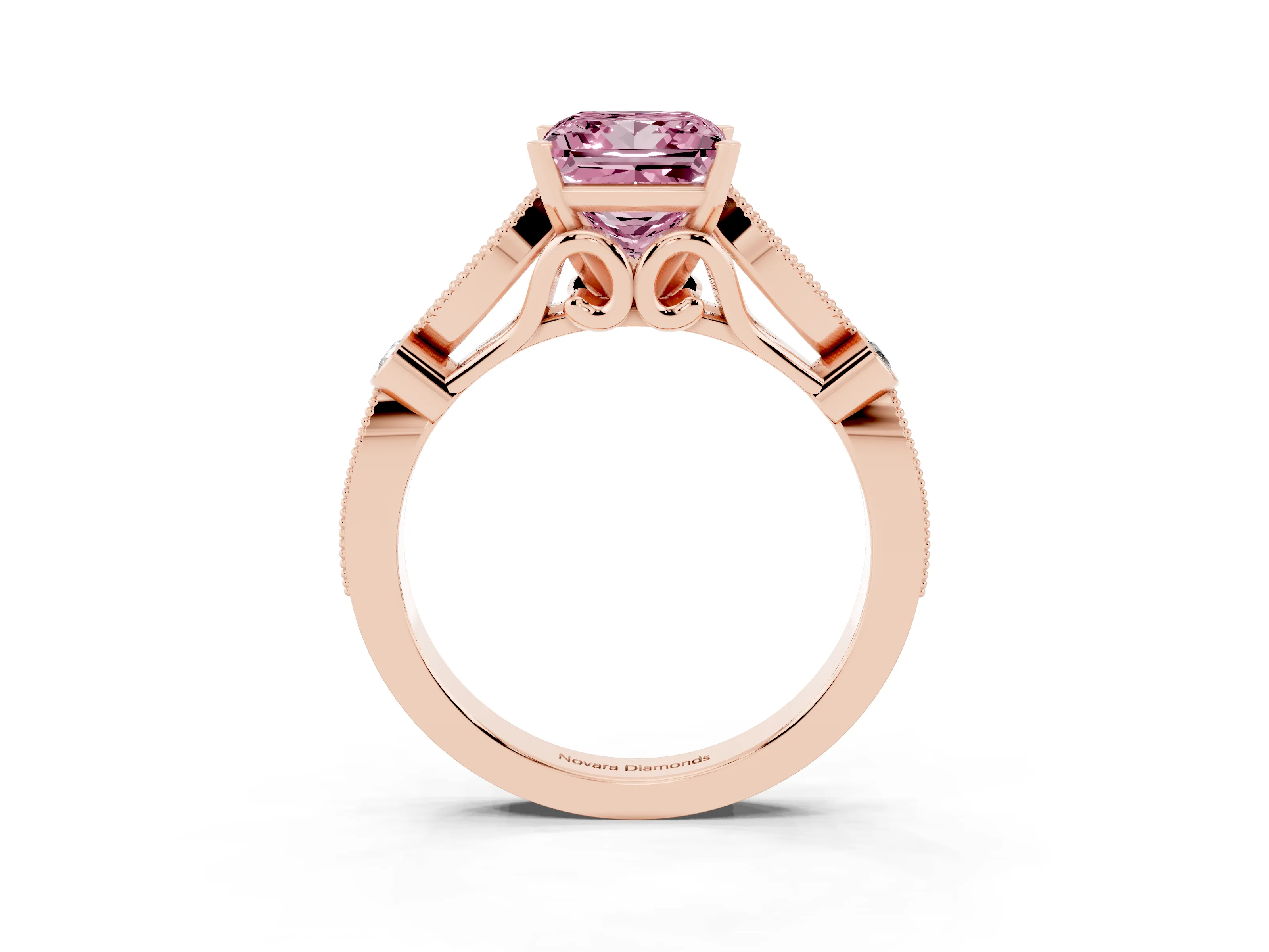 Fancy Pink Princess Cut Diamond Solitaire Ring Set in Rose gold with Milgrain Marquise and Bezel Accents