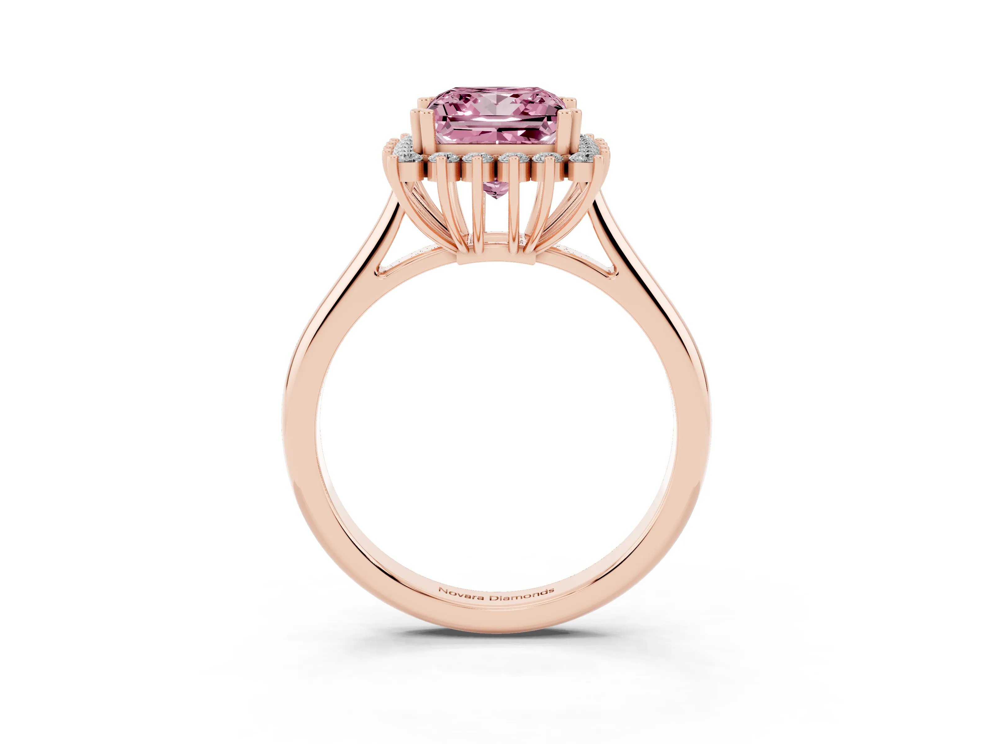 Fancy Pink Princess Cut Diamond Halo Ring Set in Rose gold with Plain Solitaire Band and Prong Setting
