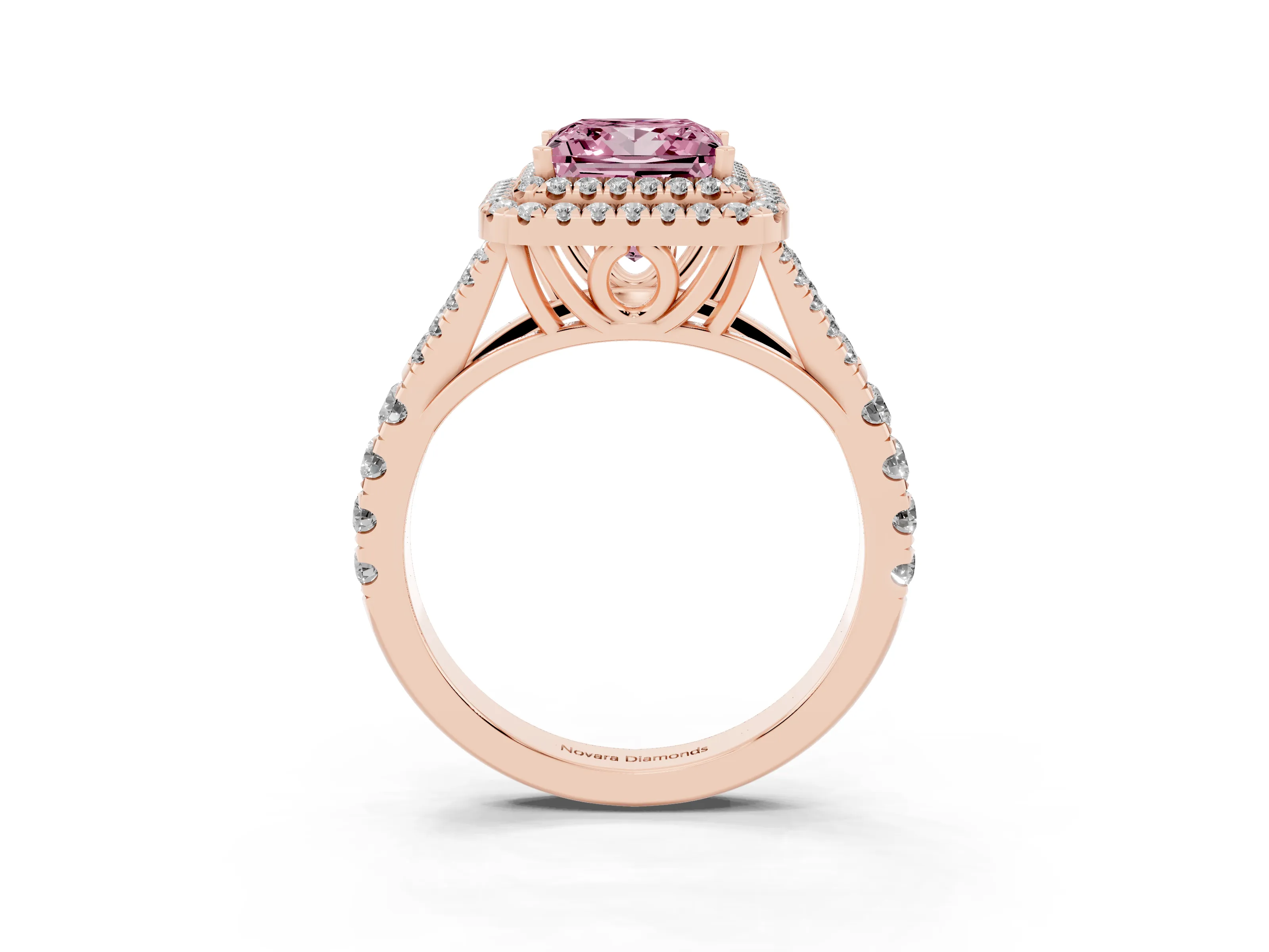 Fancy Pink Princess Cut Diamond Pavé Split Shank Double Halo Engagement Ring Set in Rose gold