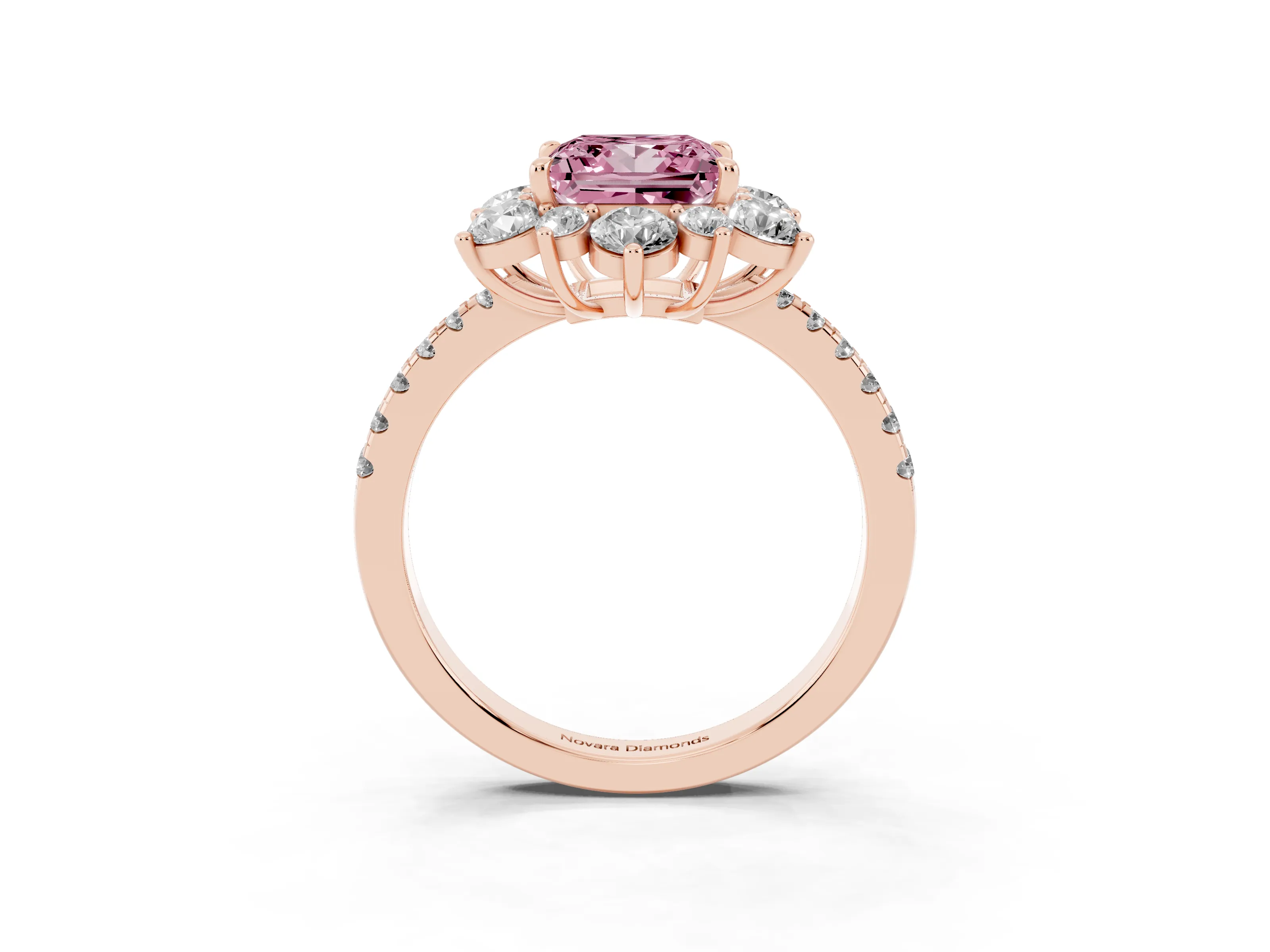 Fancy Pink Princess Cut Diamond Floral Halo Ring Set in Rose gold with Round Pavé Band and Prong Setting