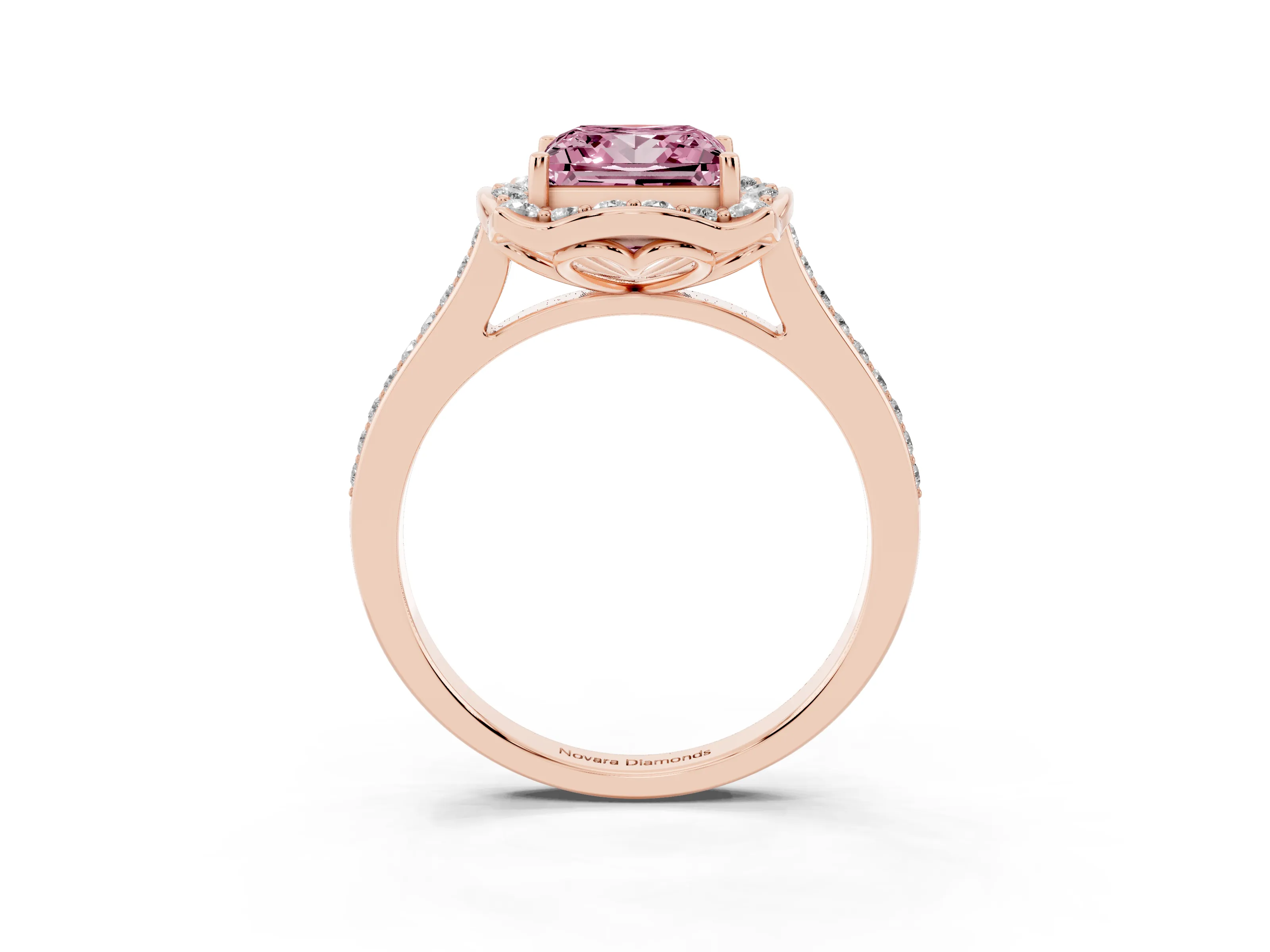 Fancy Pink Princess Cut Diamond Halo Ring Set in Rose gold with Pavé-Lined Shoulders and Prong Setting