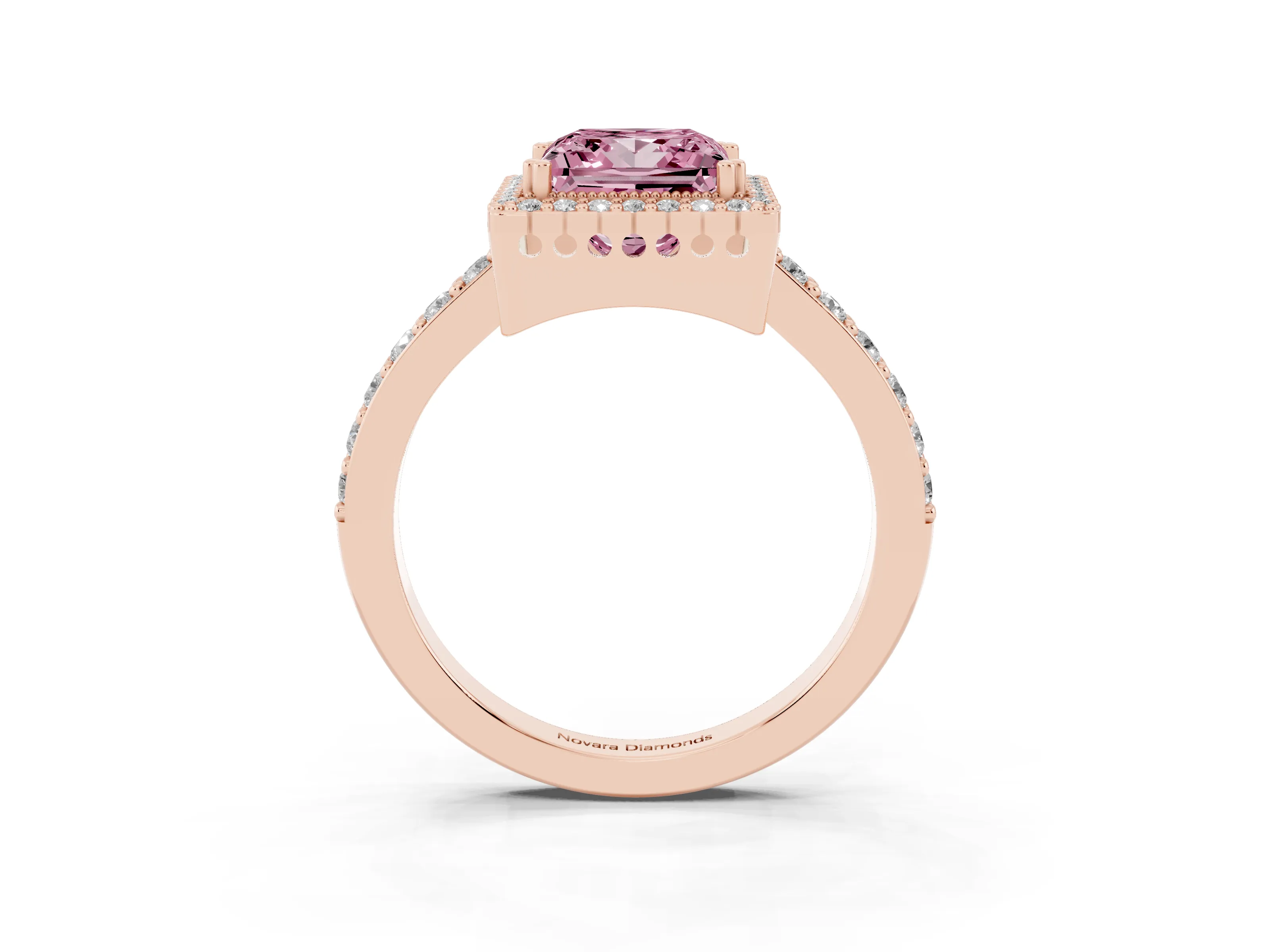 Fancy Pink Princess Cut Diamond Halo Engagement Ring Set in Rose gold with Milgrain Detail and Pavé Band