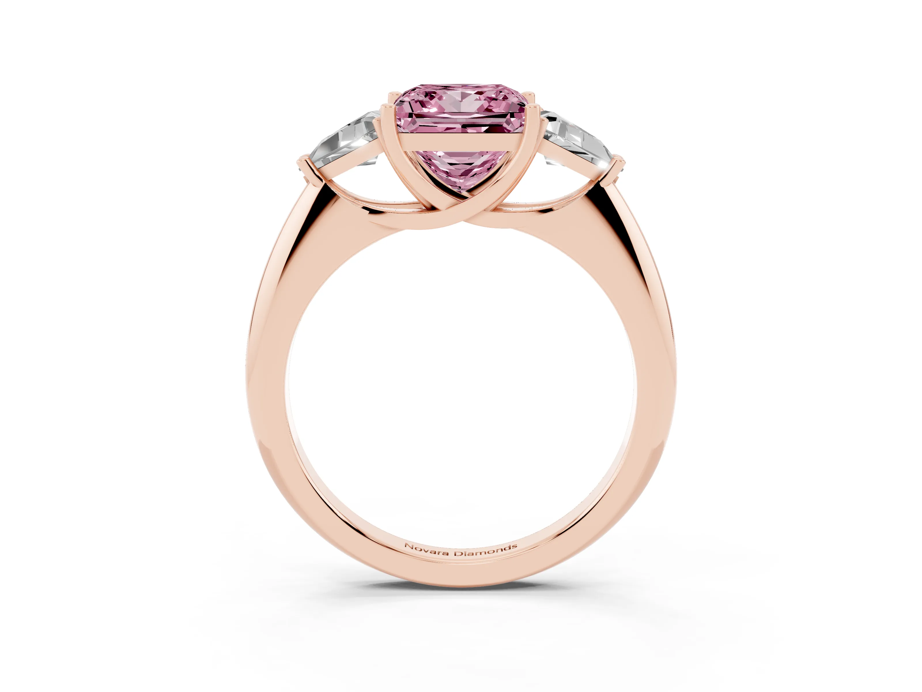 Fancy Pink Princess Cut Diamond Three-Stone Engagement Ring Set in Rose gold with Trillion Side Stones