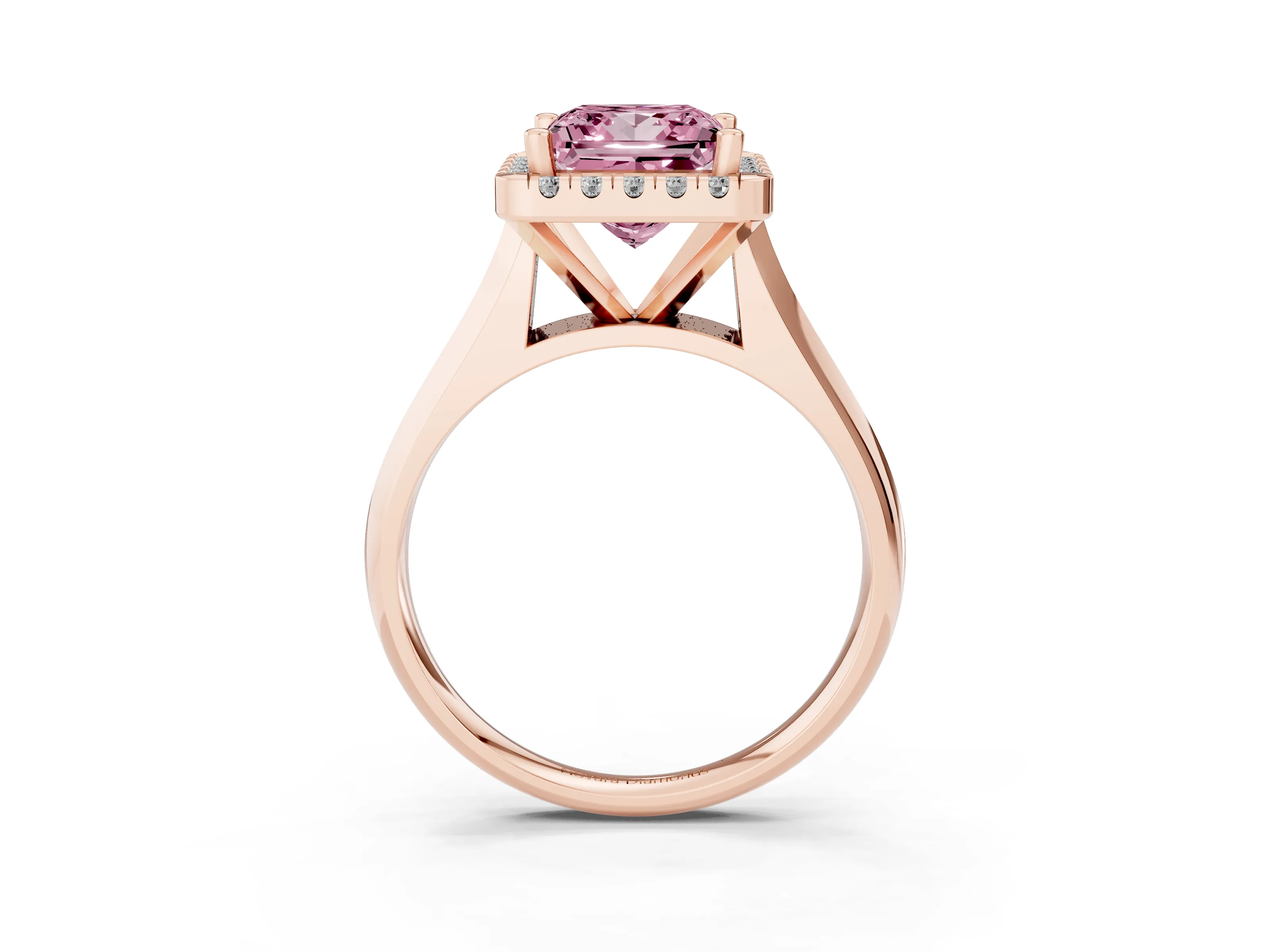 Fancy Pink Princess Cut Diamond Halo Solitaire Engagement Ring Set in Rose gold with Square Band and Prong Setting