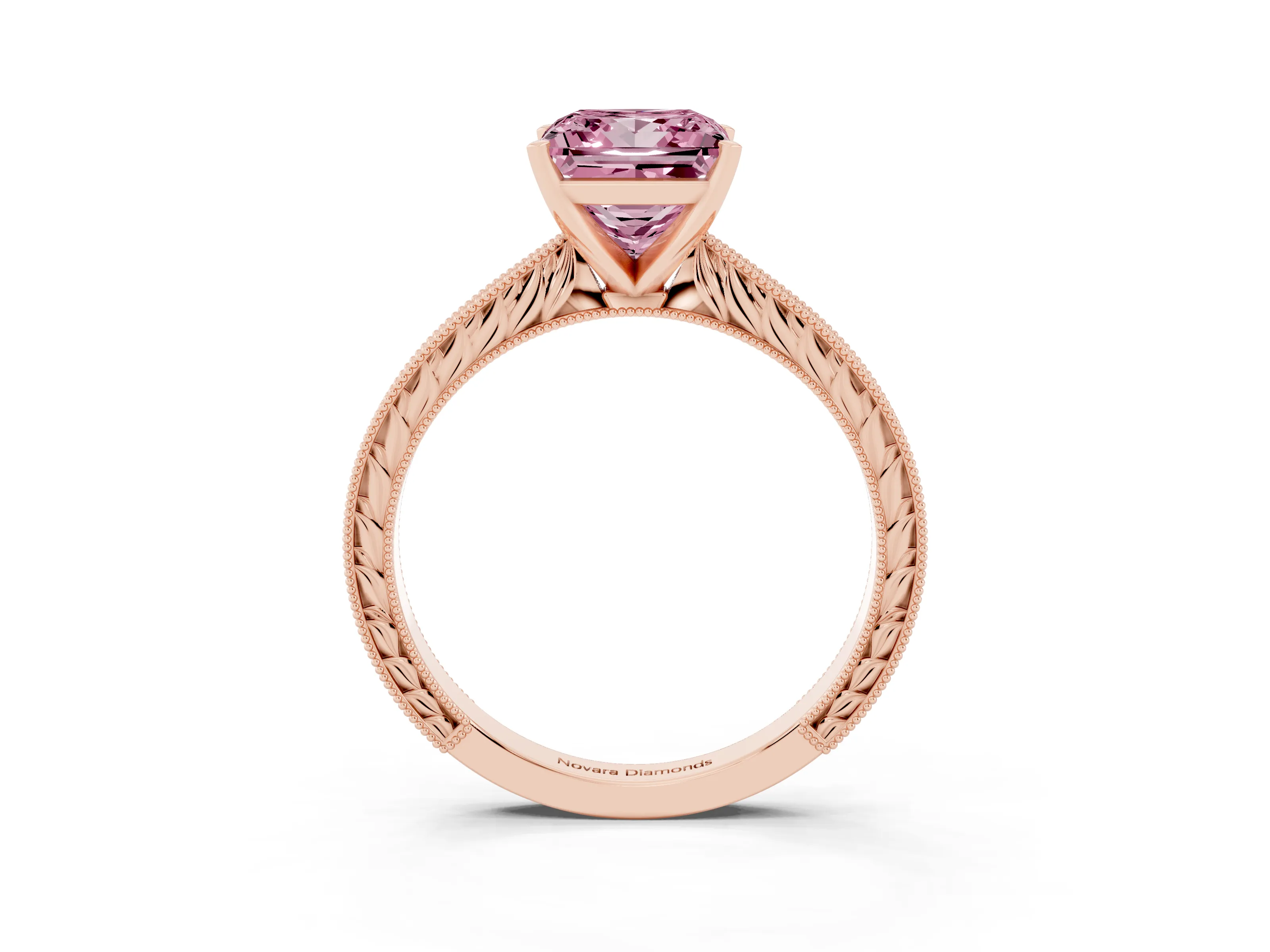 Fancy Pink Princess Cut Diamond Solitaire Milgrain Engraved Band Set in Rose gold with Prong Setting