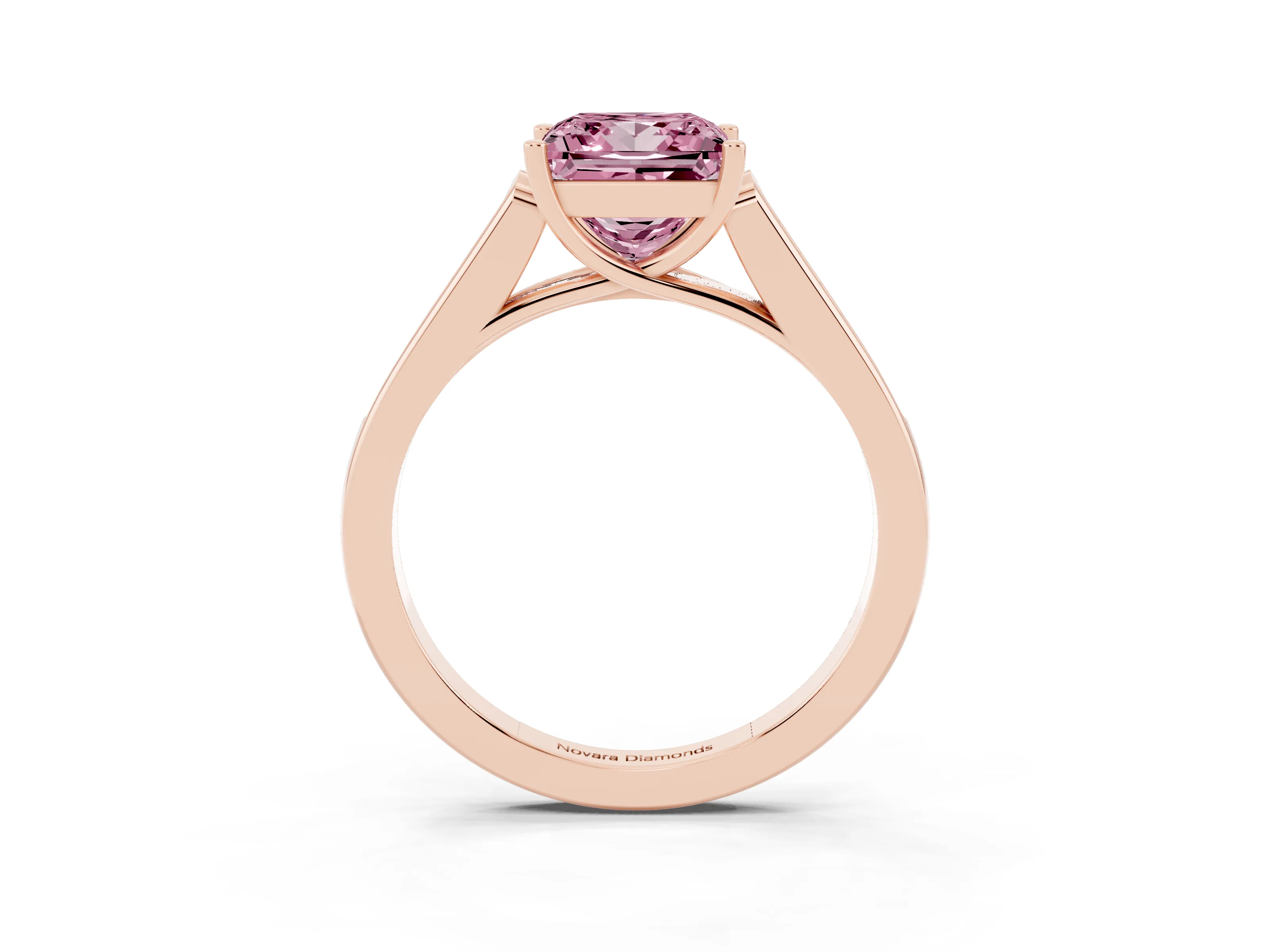 Fancy Pink Princess Cut Diamond Solitaire Cathedral Engagement Ring Set in Rose gold with Channel-Set Band and Prong Setting