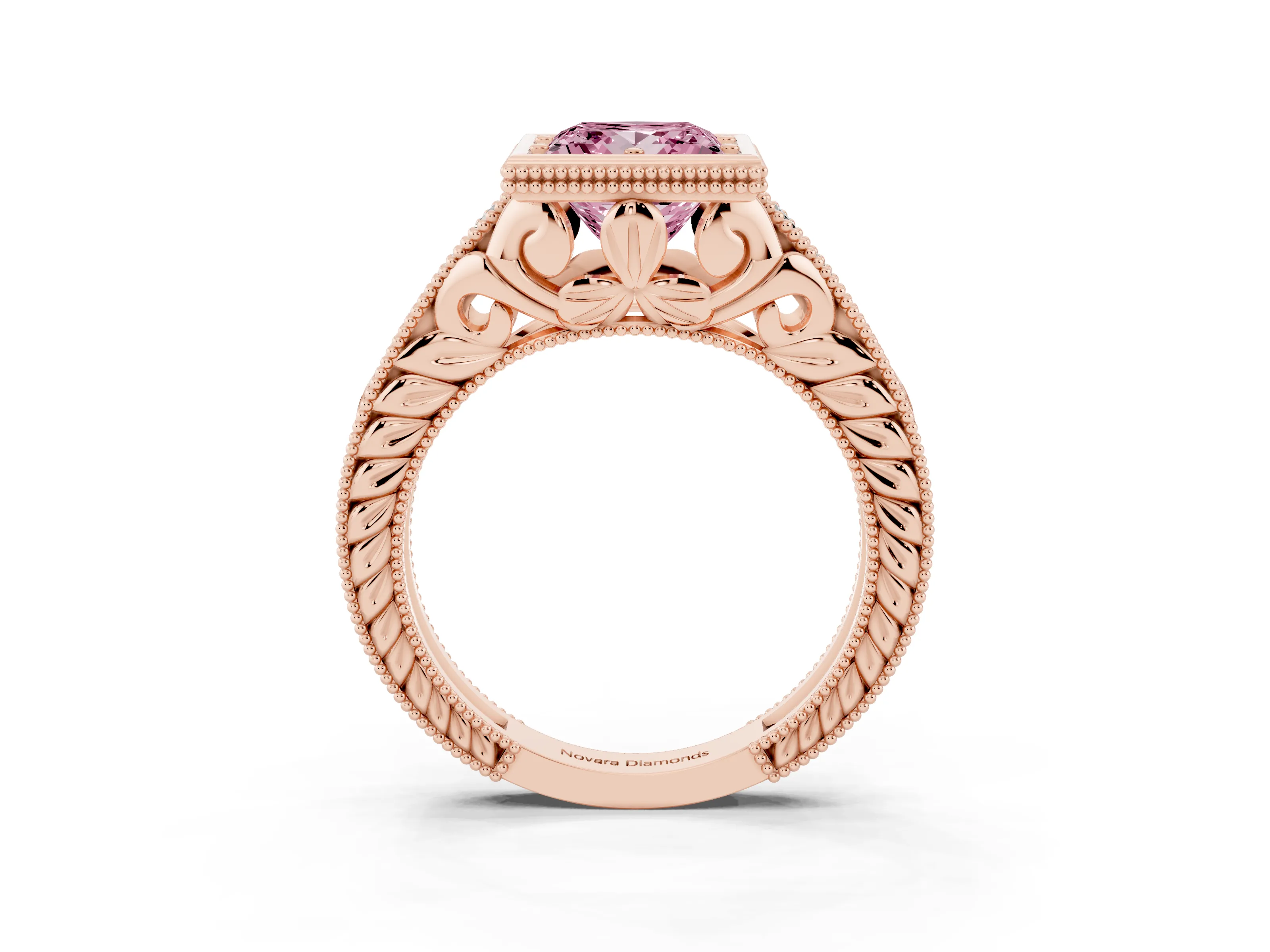 Fancy Pink Bezel Set Princess Cut Diamond Milgrain Pavé Engagement Ring Set in Rose gold