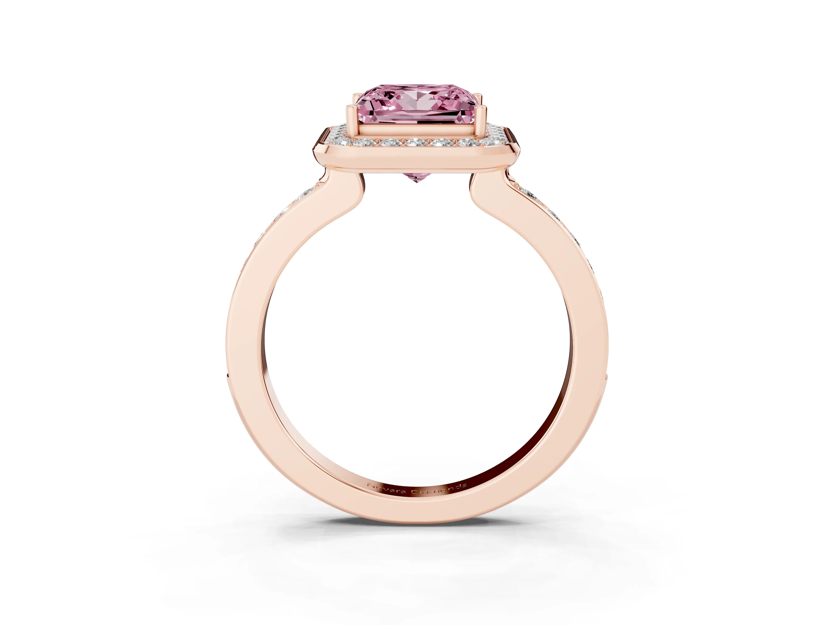 Fancy Pink Princess Cut Diamond Halo Ring Set in Rose gold with Bezel Frame and Pavé Band