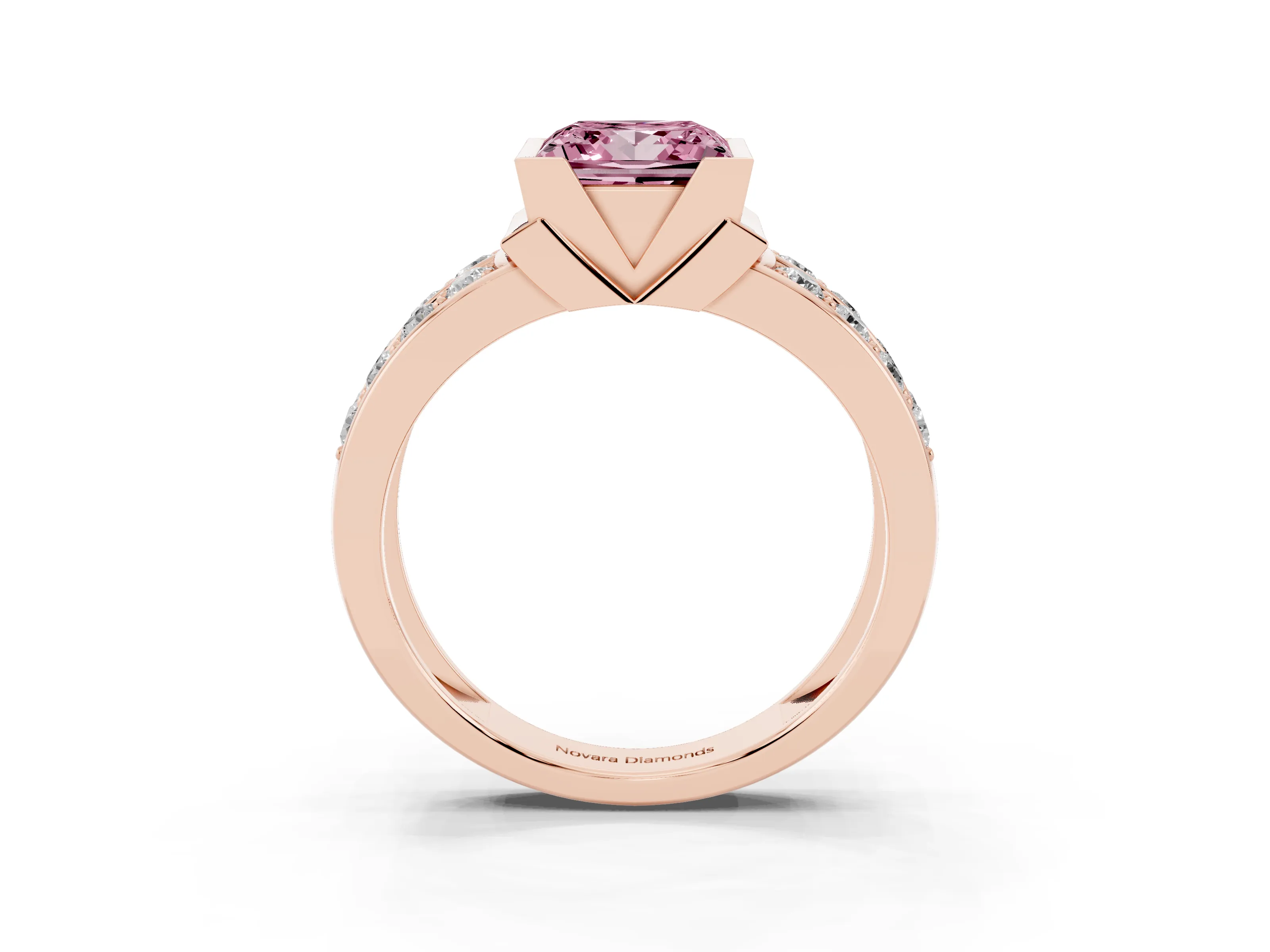 Fancy Pink Princess Cut Diamond Wide Channel Set Band Ring Set in Rose gold with Bezel Setting