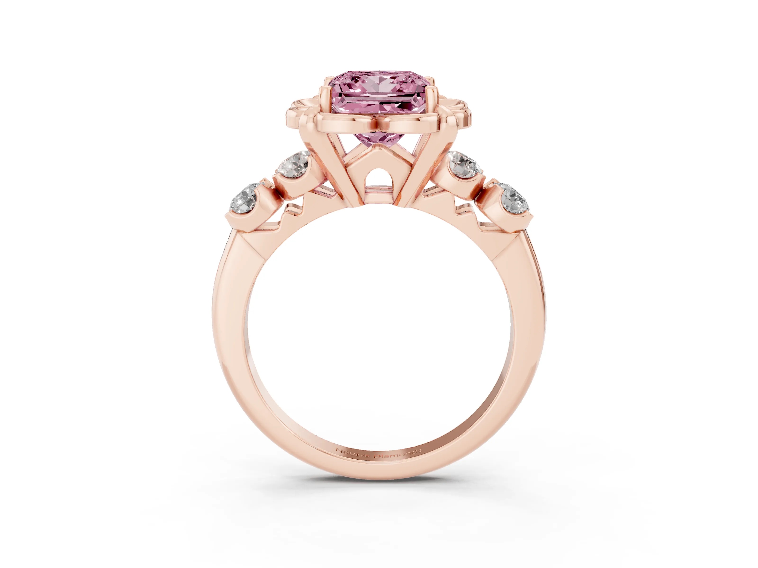 Fancy Pink Princess Cut Diamond Floral Halo Ring Set in Rose gold with Shared Prong Band