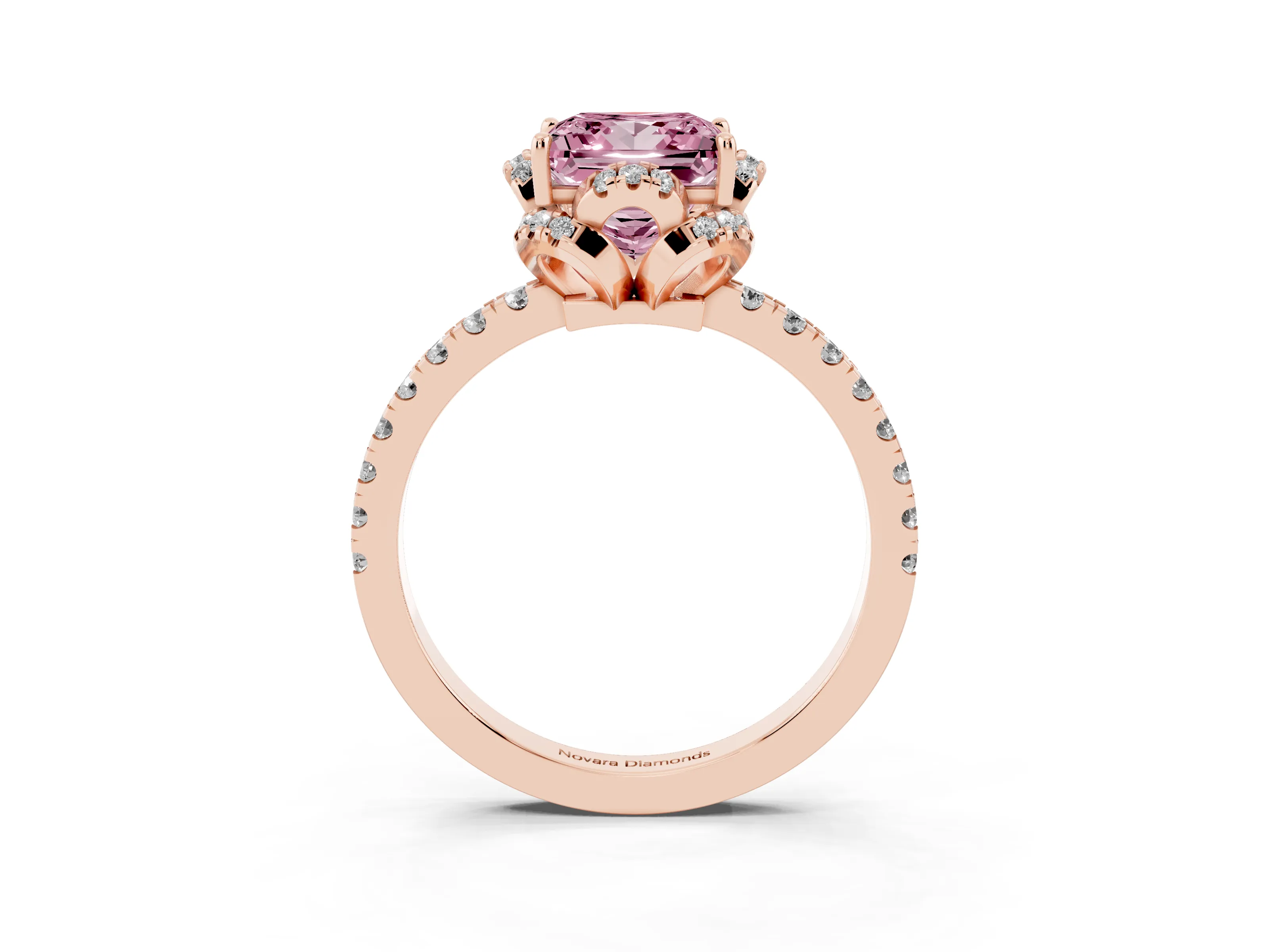 Fancy Pink Princess Cut Diamond Halo Pavé Band Ring Set in Rose gold with Prong-Held Center