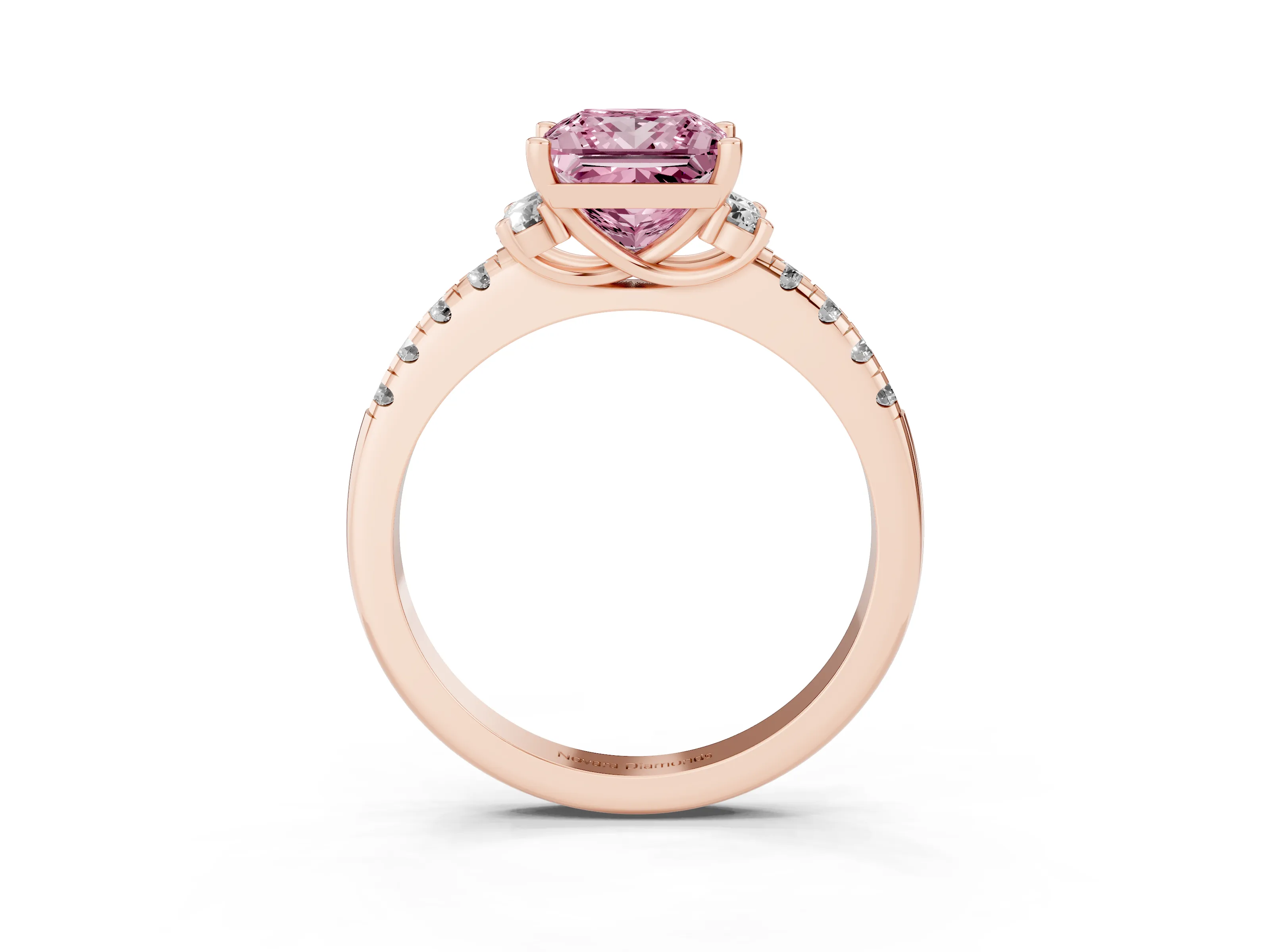Fancy Pink Princess Cut Diamond Three-Stone Pavé Ring Set in Rose gold with Prong Setting