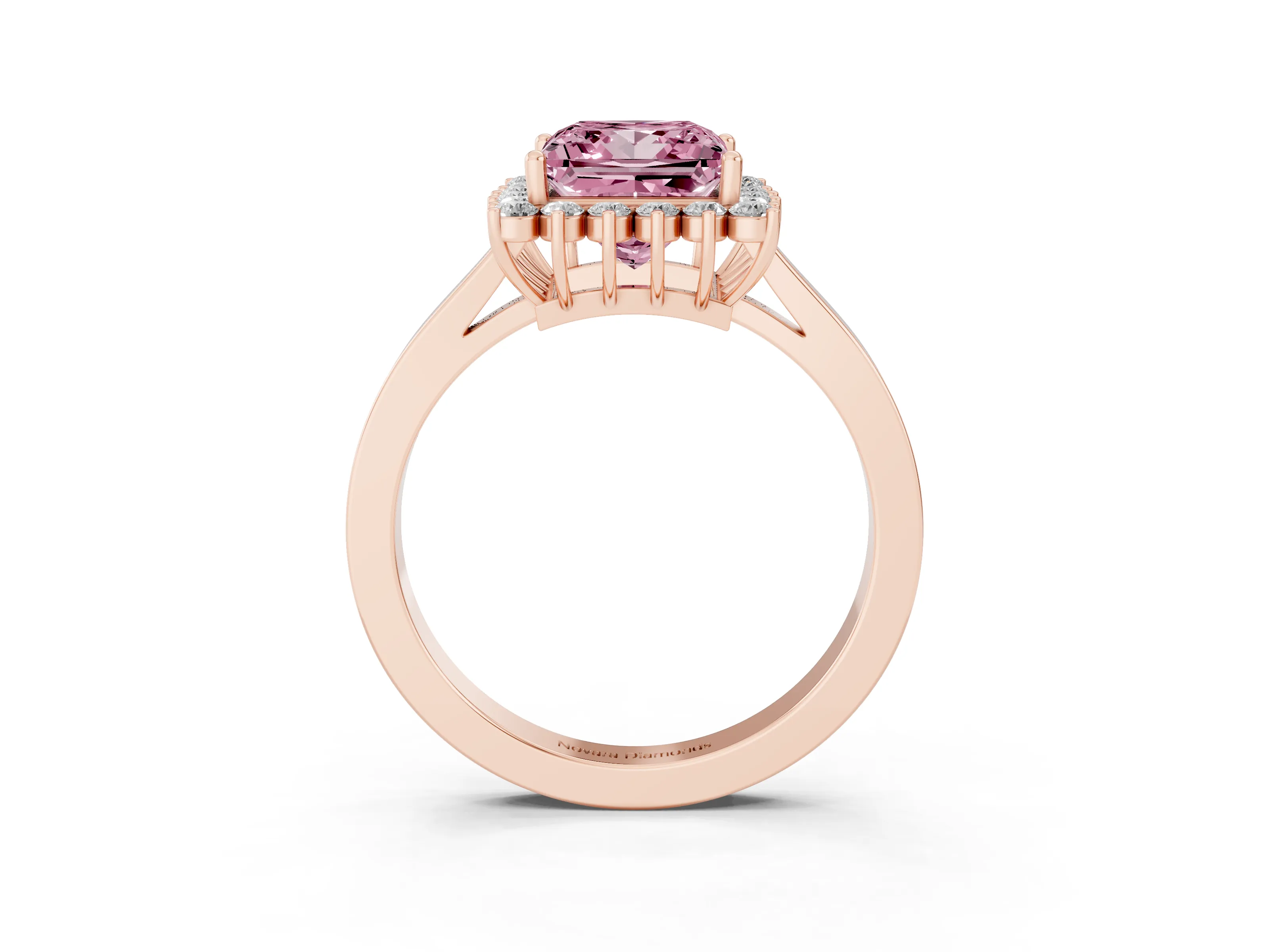 Fancy Pink Princess Cut Diamond Halo Ring Set in Rose gold with Round Halo and Smooth Solitaire Band