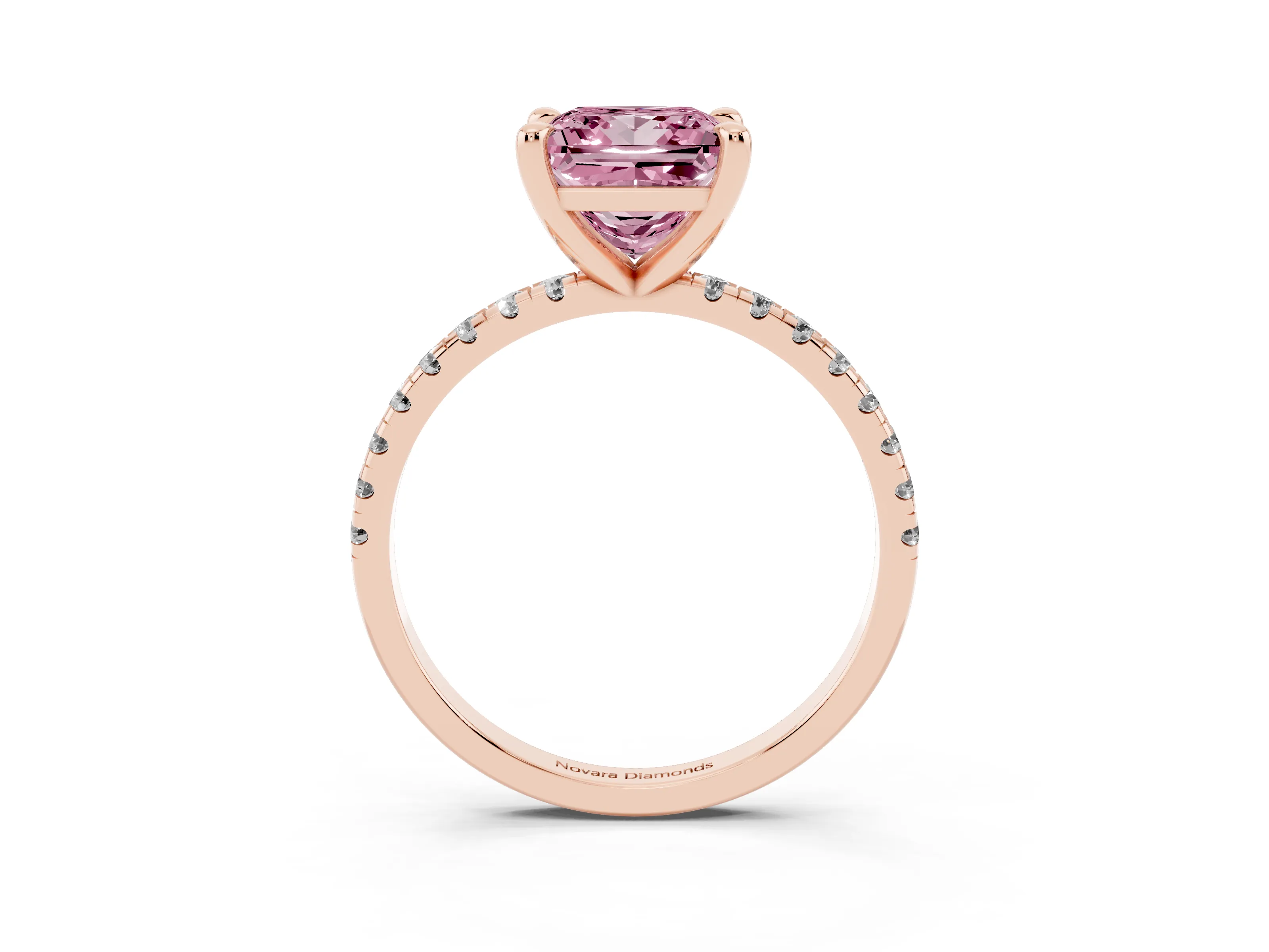 Fancy Pink Princess Cut Diamond Brilliant Solitaire Ring Set in Rose gold with Pavé Band and Prong Setting