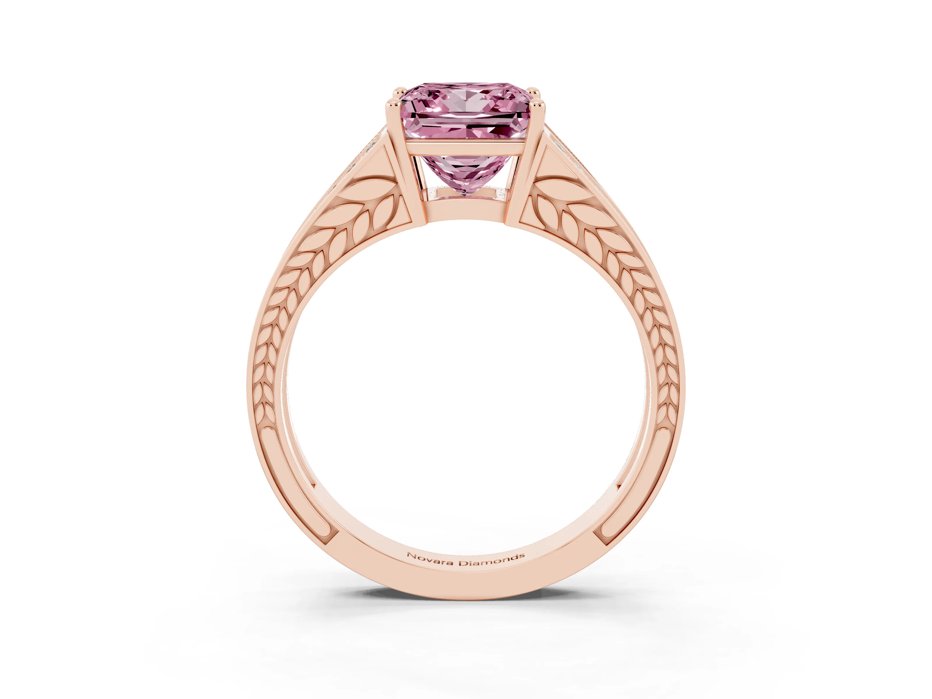 Fancy Pink Princess Cut Diamond Split Shank Ring Set in Rose gold with Pavé Band and Prong Setting