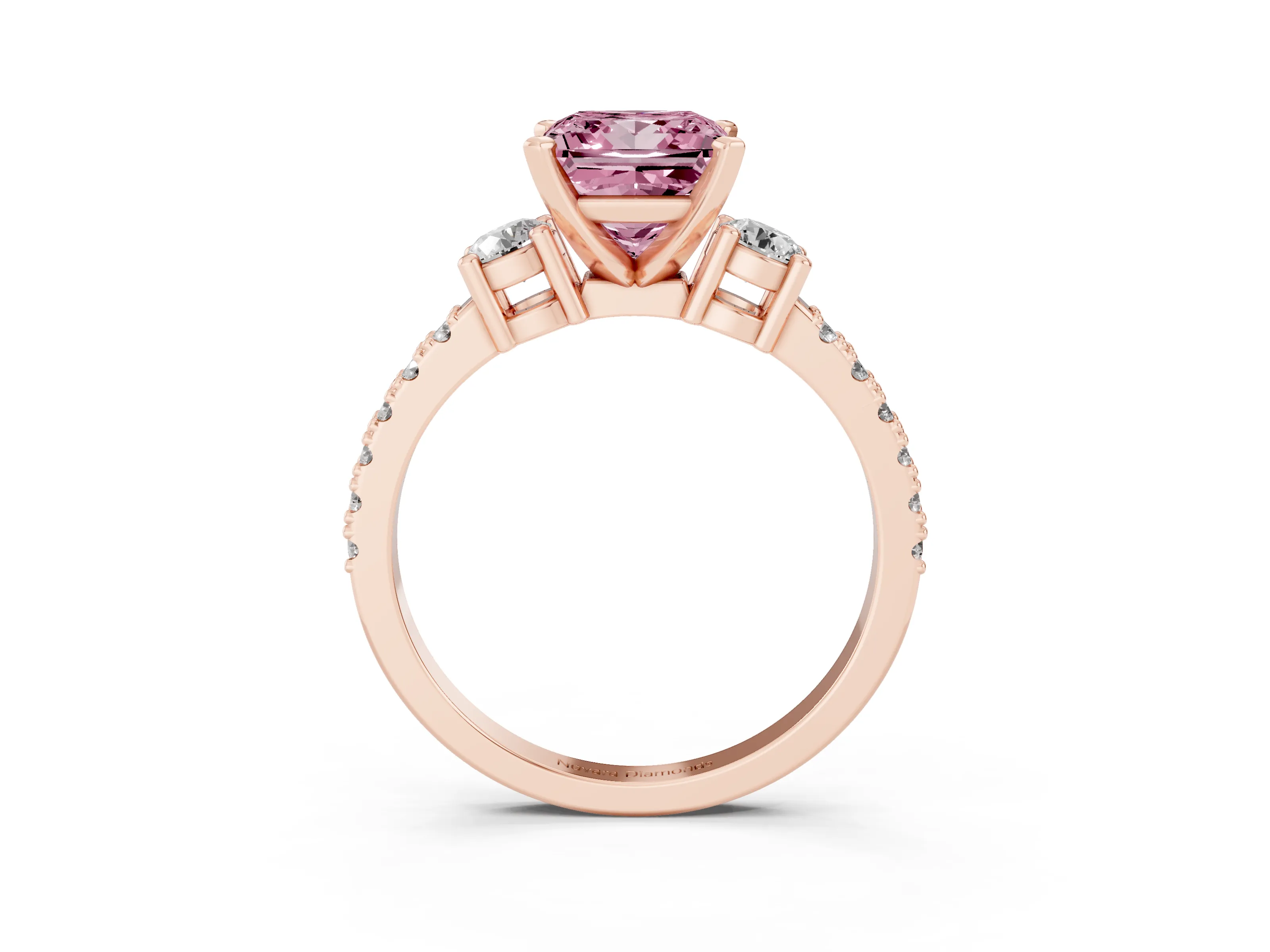 Fancy Pink Three-Stone Princess Cut Diamond Pavé Band Ring Set in Rose gold with Prong Setting