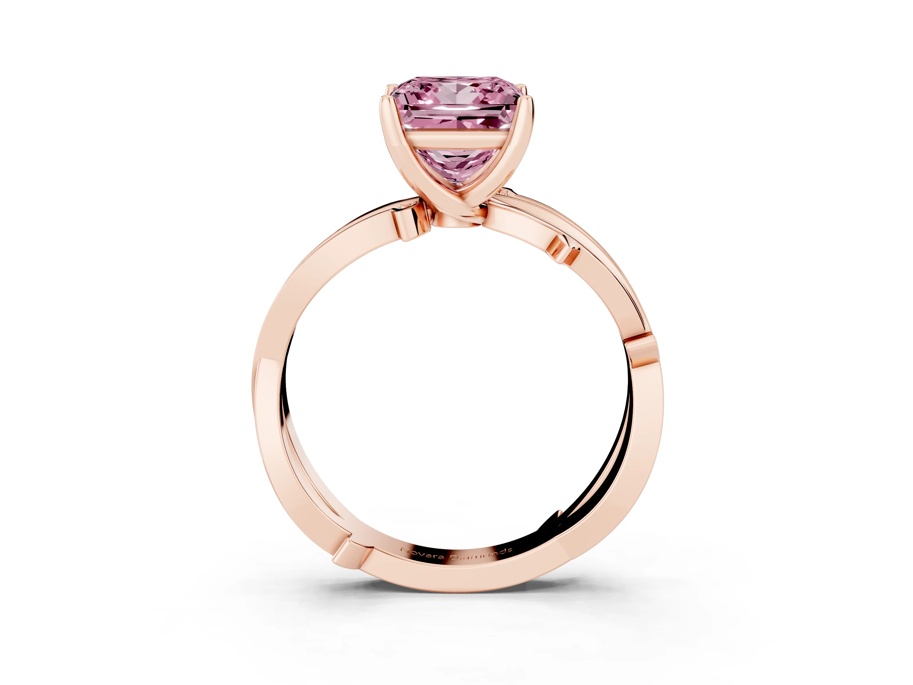 Fancy Pink Princess Cut Diamond Pavé Twist Band Solitaire Ring Set in Rose gold with Prong Setting