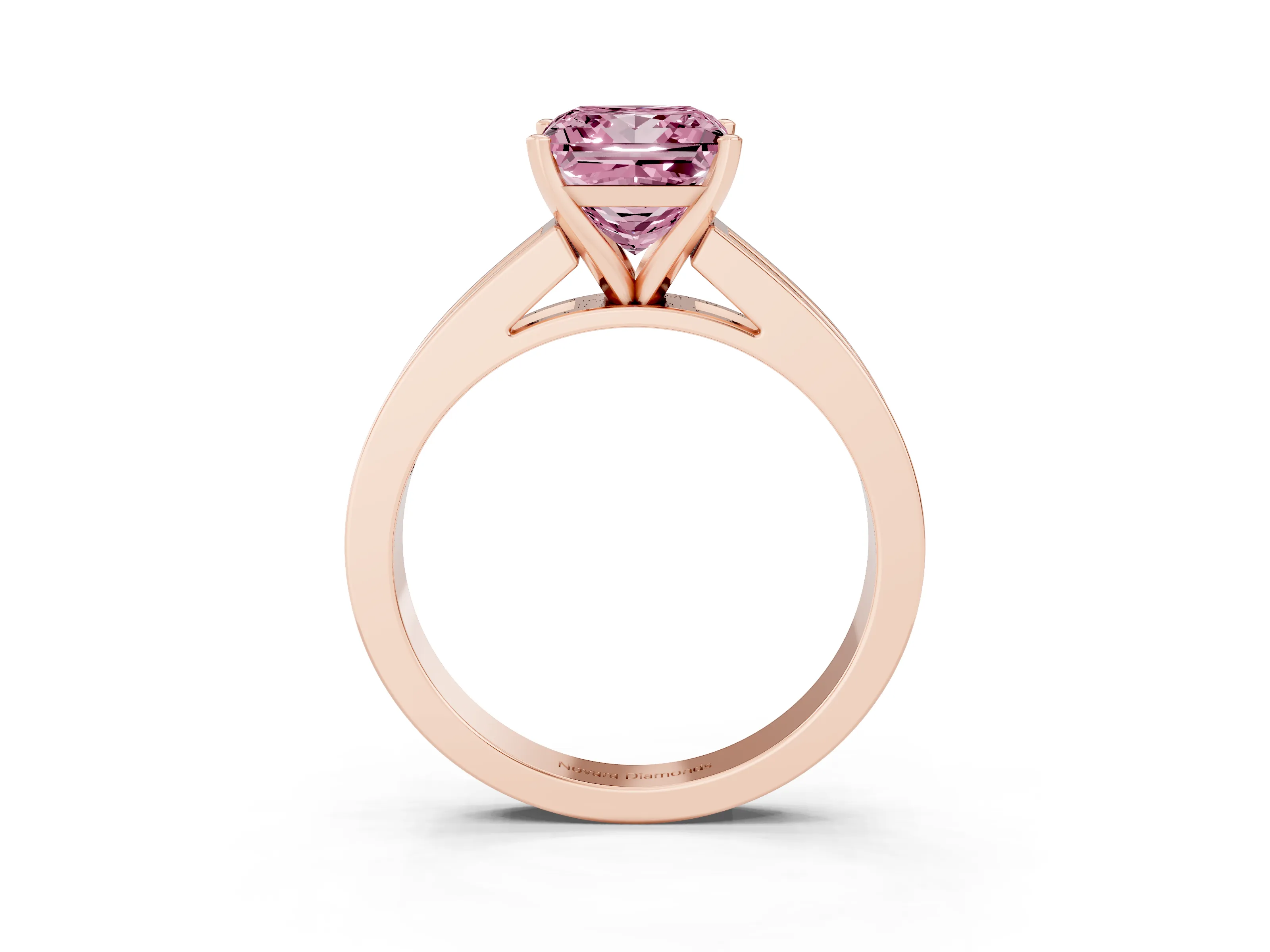 Fancy Pink Princess Cut Diamond Solitaire Ring Set in Rose gold with Channel-Set Band and Prong Setting