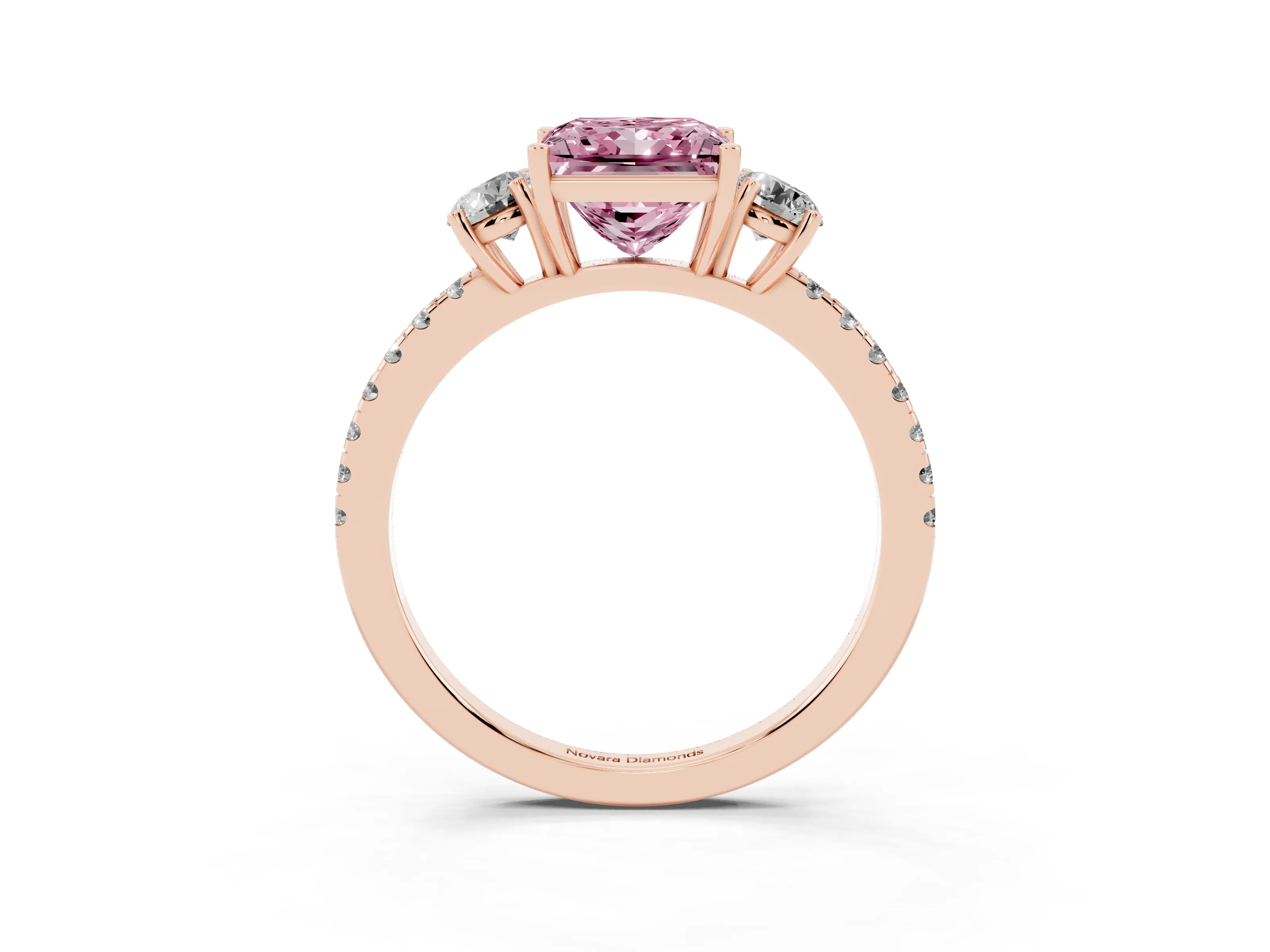 Fancy Pink Princess Cut Diamond Three-Stone Ring Set in Rose gold with Pavé Band and Graduated Sides