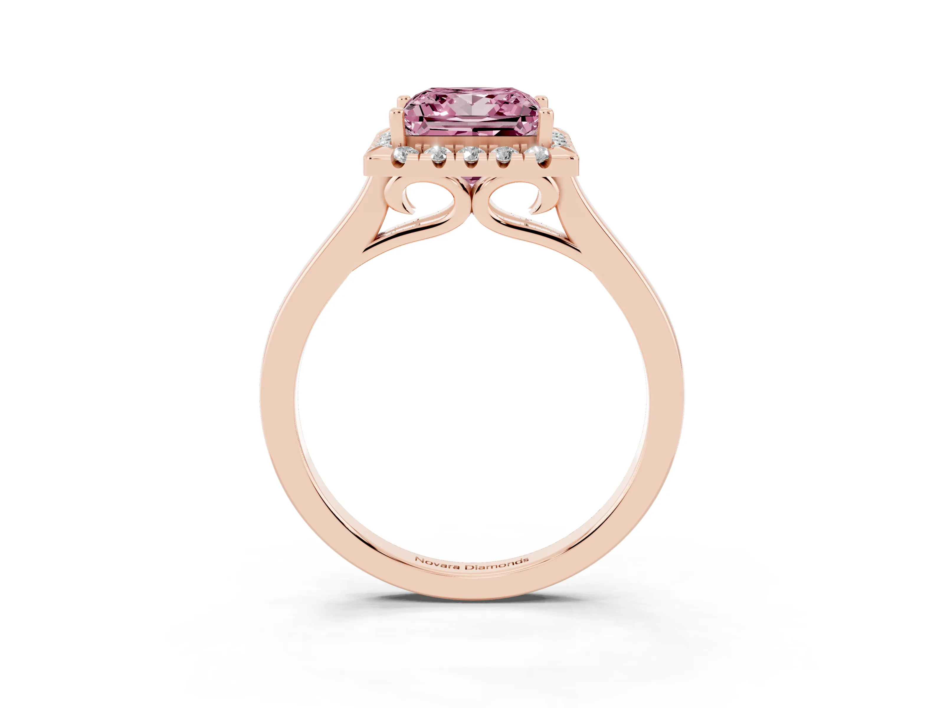 Fancy Pink Princess Cut Halo Round Diamond Solitaire Ring Set in Rose gold with Pavé Band and Prong Setting