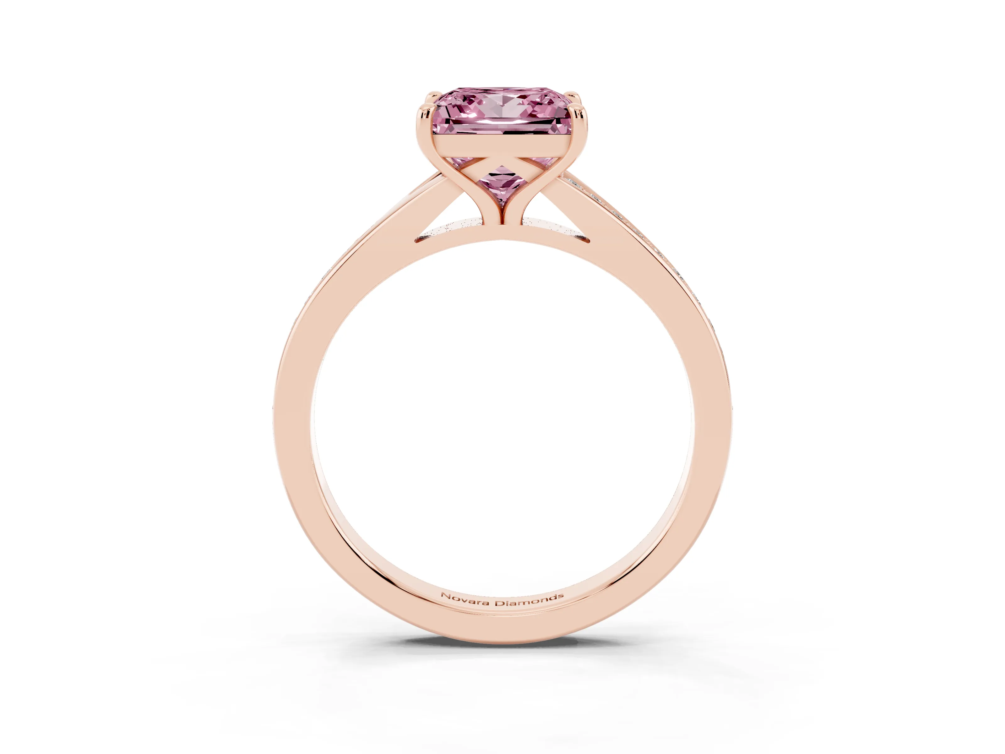 Fancy Pink Princess Cut Diamond Solitaire Ring Set in Rose gold with Pavé Accent Band and Classic Prong Setting