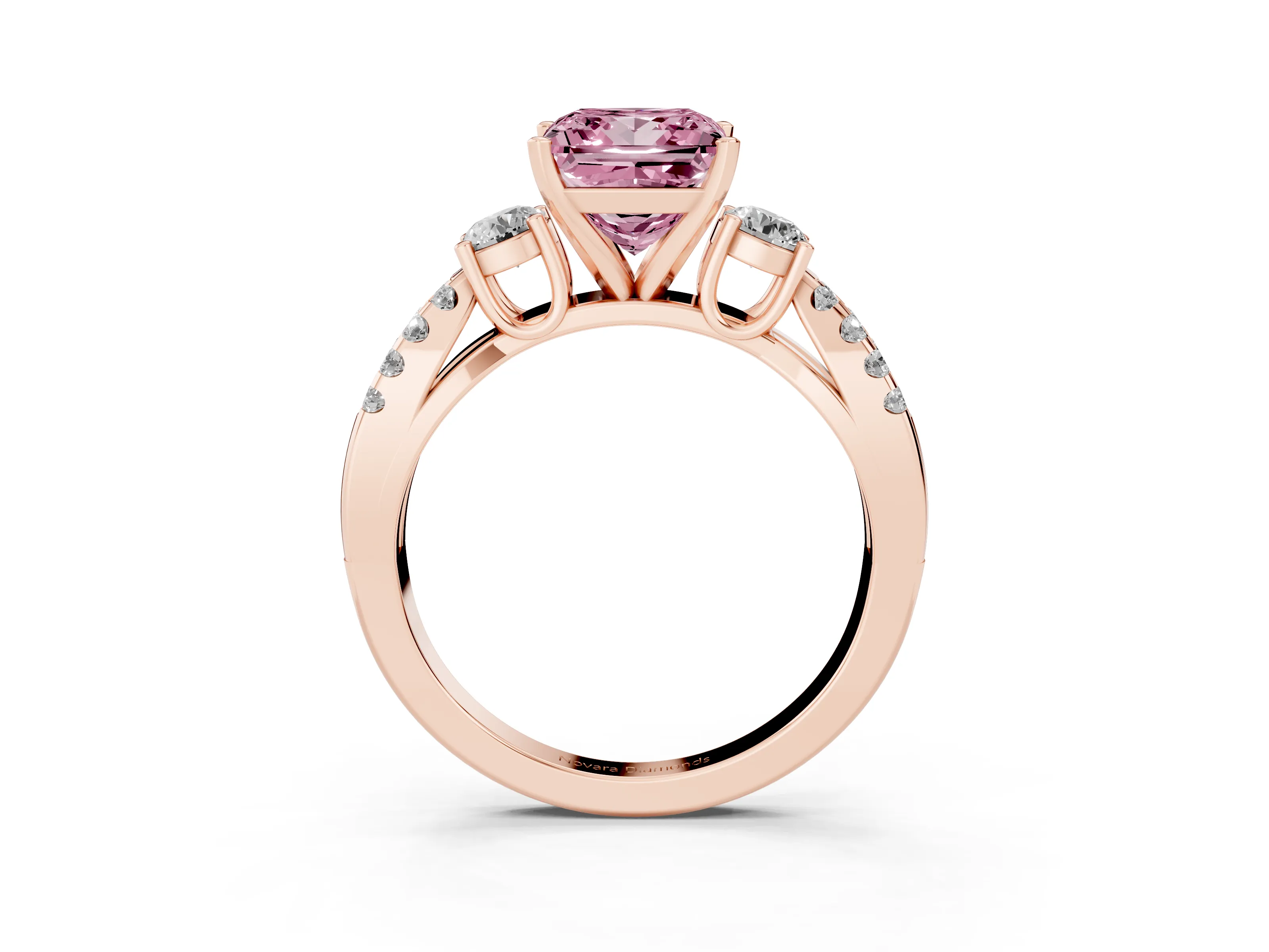 Fancy Pink Princess Cut Diamond Three-Stone Ring Set in Rose gold with Pavé Split Shank and Prong Setting