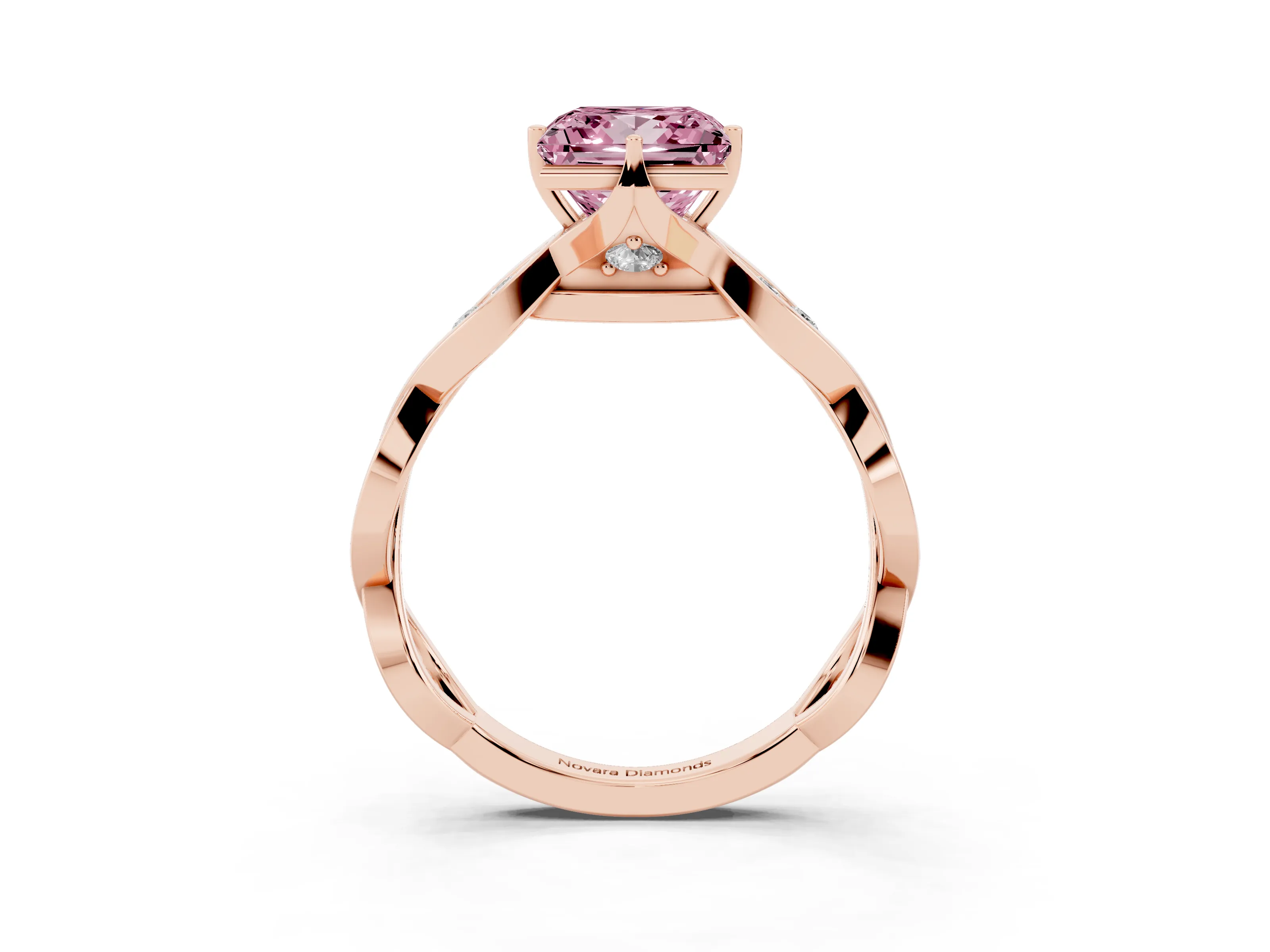 Fancy Pink Princess Cut Diamond Twist Band Solitaire Ring Set in Rose gold with Leaf Prong Setting and Accent Stones