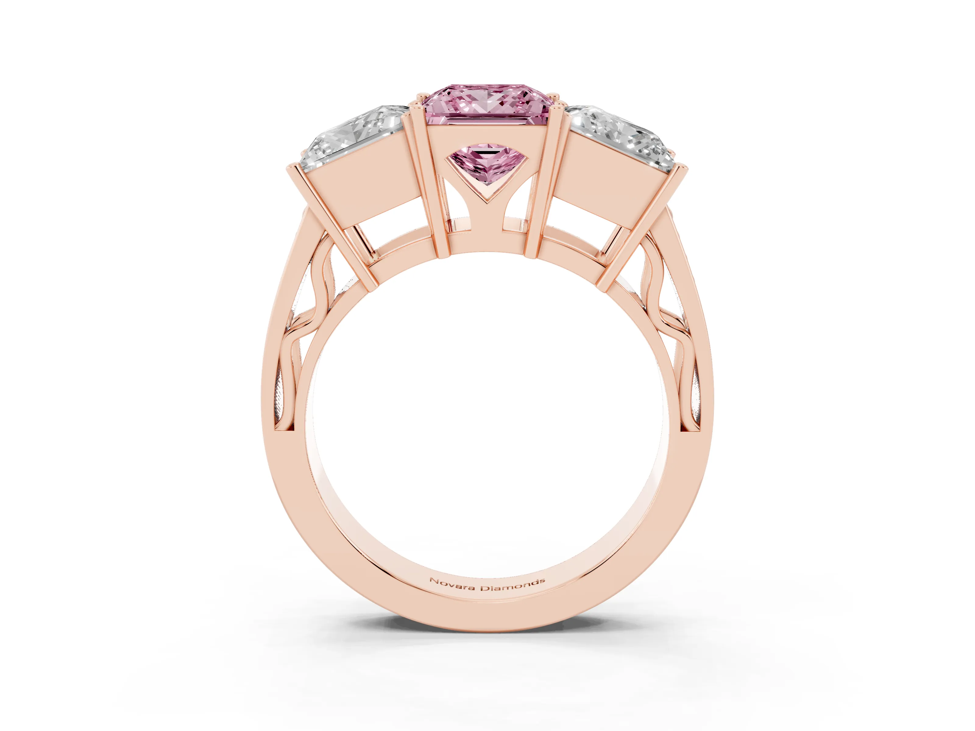 Fancy Pink Princess Cut Diamond Three-Stone Ring Set in Rose gold with Textured Band